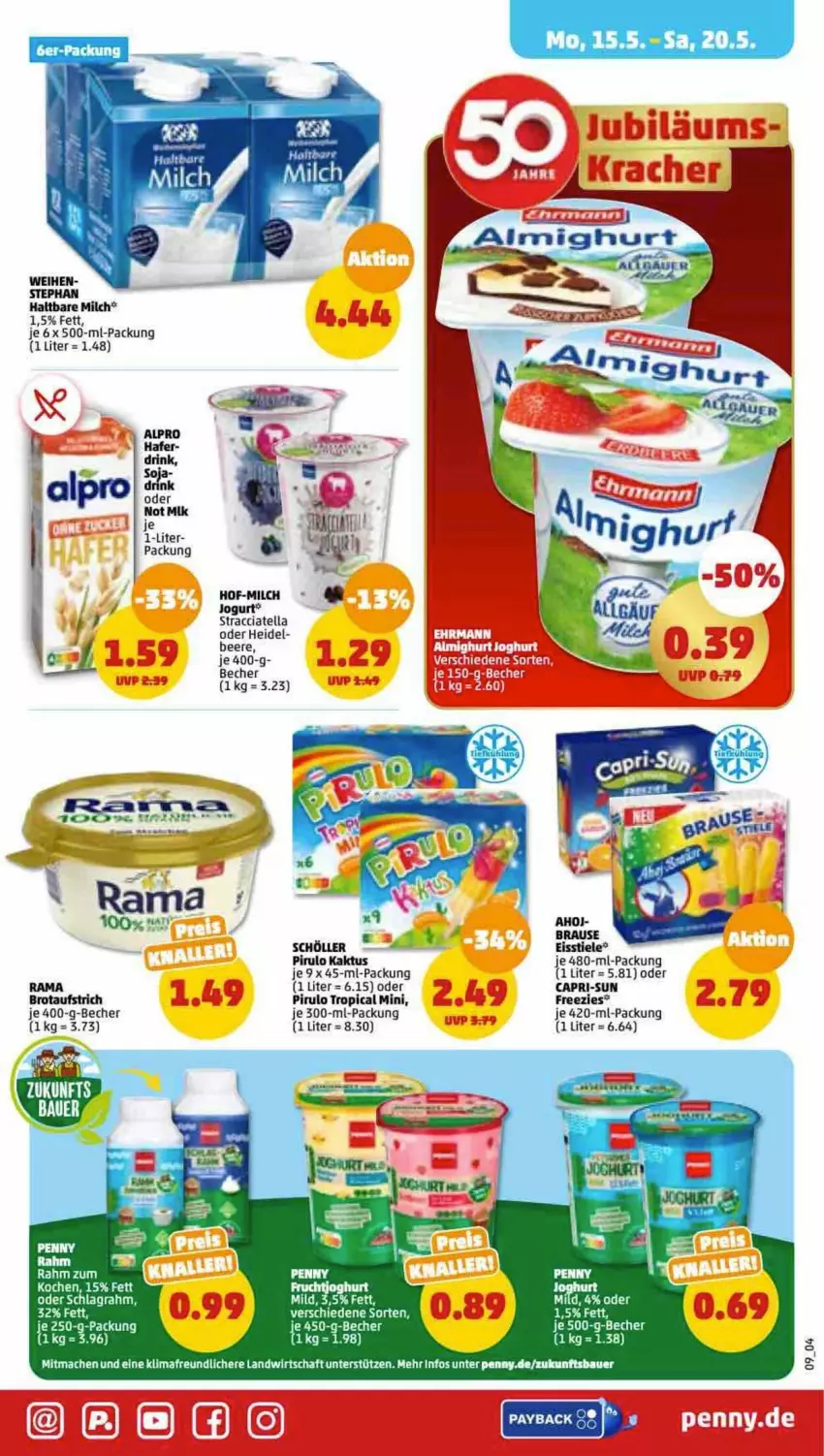 Aktueller Prospekt Penny - Prospekte - von 15.05 bis 20.05.2023 - strona 9 - produkty: ACC, alpro, auer, aufstrich, Bau, Bauer, Becher, beere, brause, brot, brotaufstrich, Cap, capri-sun, drink, eis, hafer, haltbare milch, jogurt, mac, milch, rama, schlagrahm, Schöller, Ti