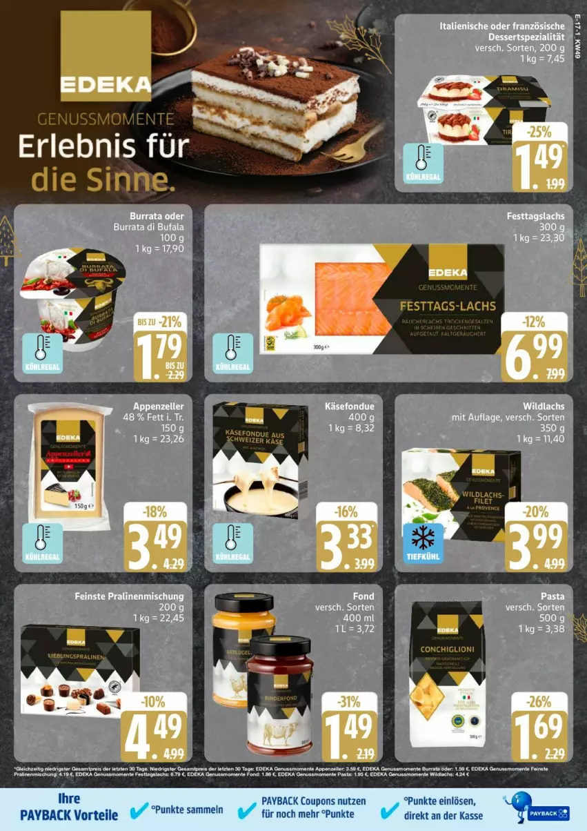Aktueller Prospekt Edeka - Prospekte - von 01.12 bis 06.12.2025 - strona 17 - produkty: appenzeller, Burrata, coupon, coupons, deka, eis, elle, ente, lachs, nuss, payback, reis, Ti, ZTE