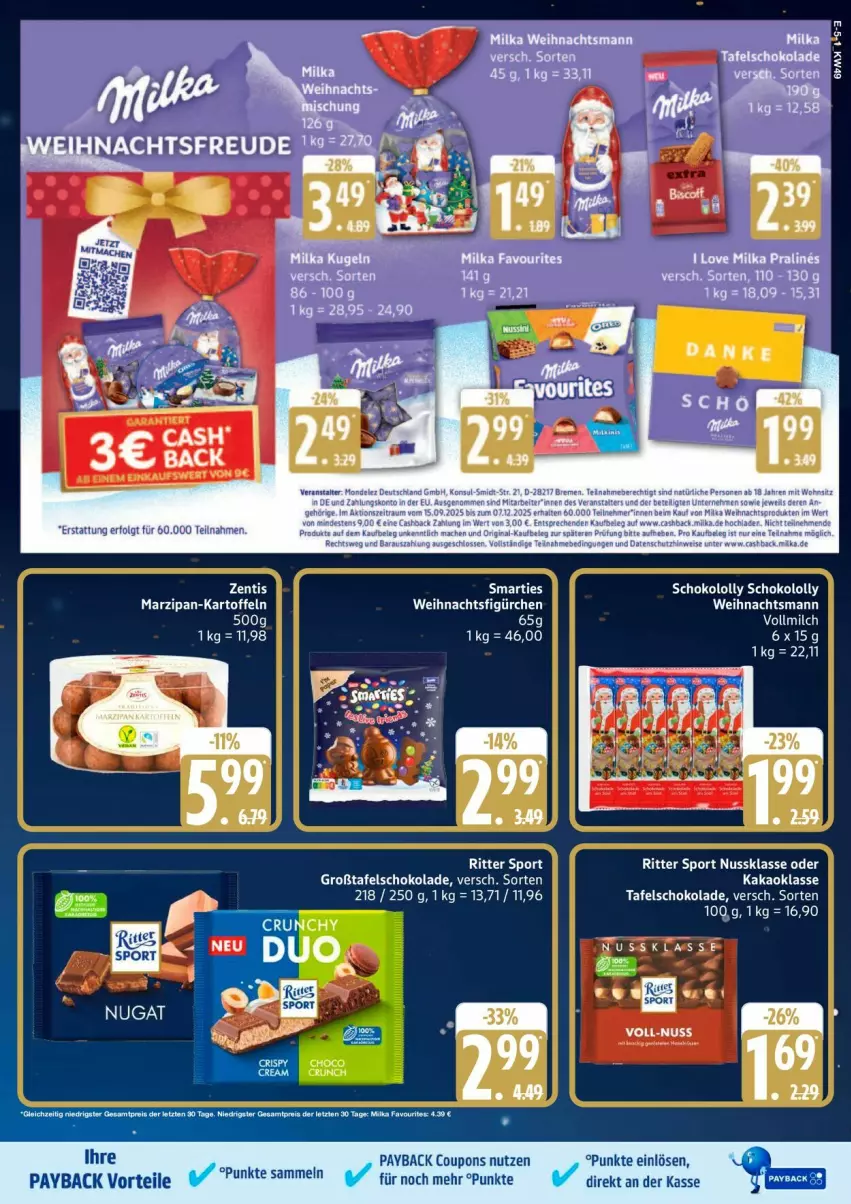 Aktueller Prospekt Edeka - Prospekte - von 01.12 bis 06.12.2025 - strona 5 - produkty: coupon, coupons, ente, kakao, kartoffel, kartoffeln, LG, marzipan, milch, milka, nuss, payback, ritter, ritter sport, schoko, schokolade, smarties, Sport, tafelschokolade, tee, Ti, vollmilch, zentis