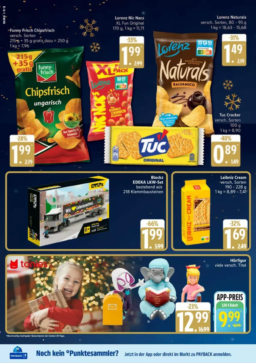 Aktueller Prospekt Edeka - Prospekte - von 01.12 bis 06.12.2025 - strona 6 - produkty: aust, Bau, chips, chipsfrisch, deka, eier, Funny Frisch, gin, leibniz, lorenz, natur, natura, payback, tesa, Ti, tuc