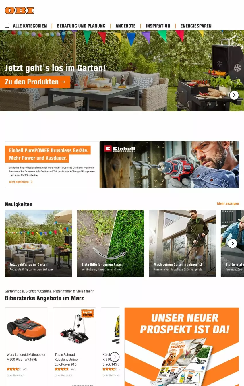 Aktueller Prospekt Obi - Prospekte - von 05.03 bis 13.03.2024 - strona 1 - produkty: akku, angebot, angebote, decke, einhell, elle, Fahrrad, Garten, gartenmöbel, lack, mac, mähroboter, möbel, rasen, rasenmäher, tee, Thule, Ti