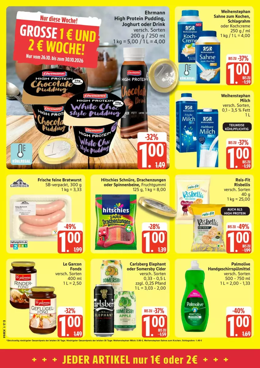 Aktueller Prospekt Edeka - Prospekte - von 26.10 bis 31.10.2026 - strona 2 - produkty: Apple, bratwurst, carlsberg, cider, creme, drink, ehrmann, eis, frucht, fruchtgummi, geschirr, geschirrspülmittel, joghur, joghurt, Kochcreme, milch, olive, palmolive, pudding, reis, reis-fit, sahne, schlagrahm, somersby, spülmittel, Ti, weihenstephan, wurst, ZTE