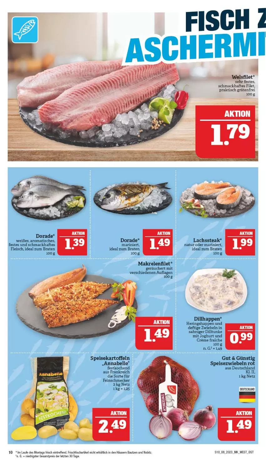 Aktueller Prospekt Marktkauf - Prospekt - von 19.02 bis 25.02.2023 - strona 10 - produkty: Bau, braten, creme, Dorade, eis, elle, feinschmecker, filet, fisch, fleisch, frischfisch, hering, Herings, Heringshappen, ideal zum braten, joghur, joghurt, kartoffel, kartoffeln, lachs, mac, Makrele, natur, reis, rel, ring, speisekartoffeln, Speisezwiebeln, steak, Ti, tisch, Wels, ZTE, zwiebel, zwiebeln