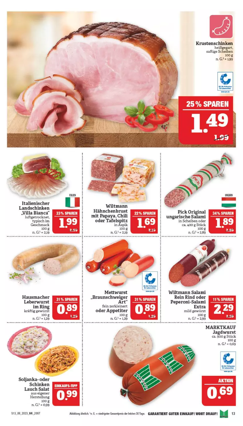 Aktueller Prospekt Marktkauf - Prospekt - von 19.02 bis 25.02.2023 - strona 13 - produkty: braun, chili, eis, erde, gewürz, hähnchenbrust, Hausmacher, jagdwurst, Krustenschinken, landschinken, leberwurst, leine, mac, Mett, mettwurst, Papaya, peperoni, Peroni, reis, rind, ring, saft, salami, salat, schinken, tafelspitz, tee, Ti, tuner, Ungarische Salami, wiltmann, wurst, ZTE