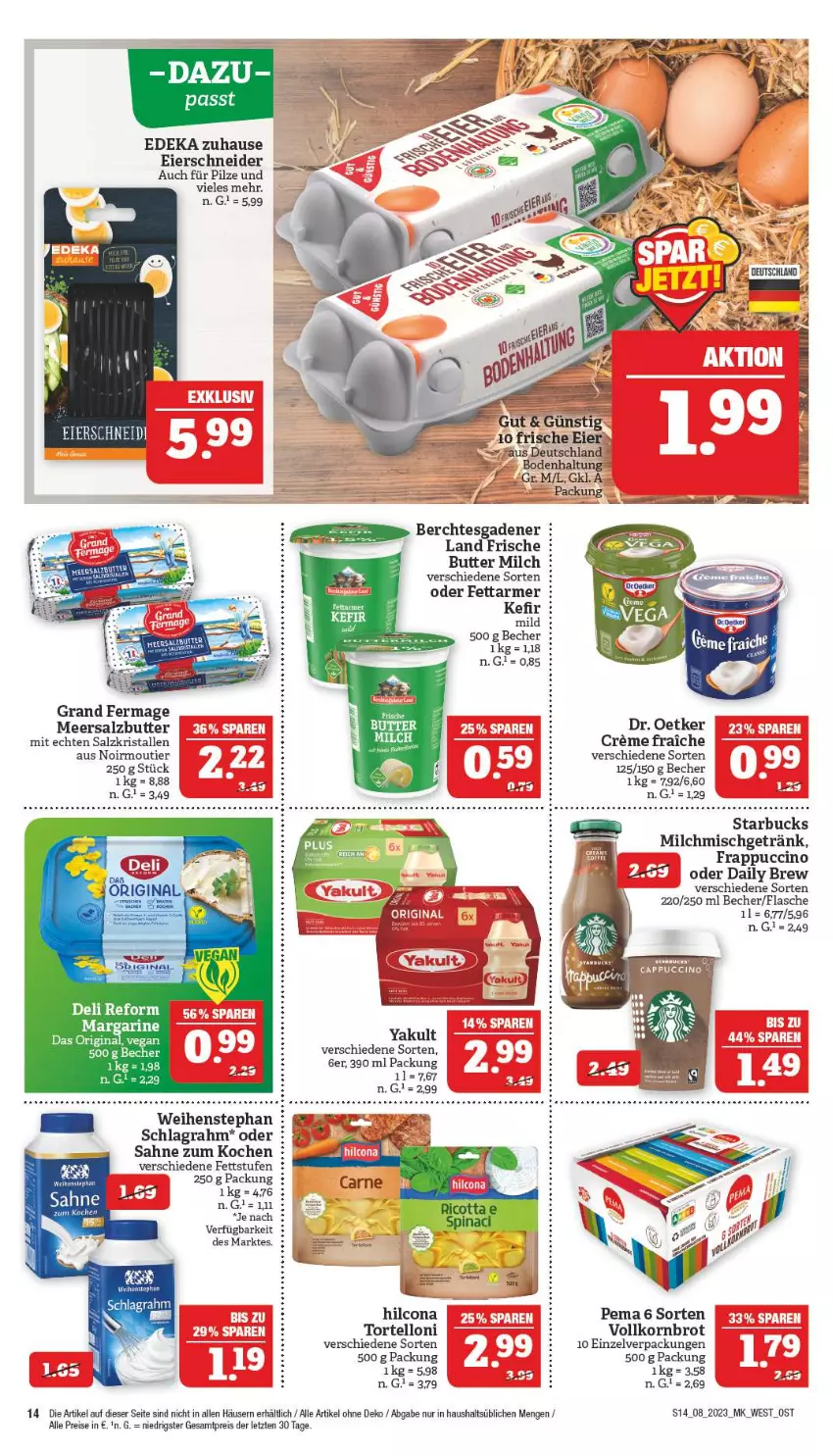 Aktueller Prospekt Marktkauf - Prospekt - von 19.02 bis 25.02.2023 - strona 14 - produkty: Becher, beef, brot, butter, cin, deka, Dr. Oetker, eier, eis, flasche, getränk, gin, Kefir, korn, Kornbrot, margarine, meersalz, Meersalzbutter, milch, pilze, reis, sahne, salz, schlagrahm, starbucks, Ti, torte, tortelloni, vollkornbrot, weihenstephan, ZTE