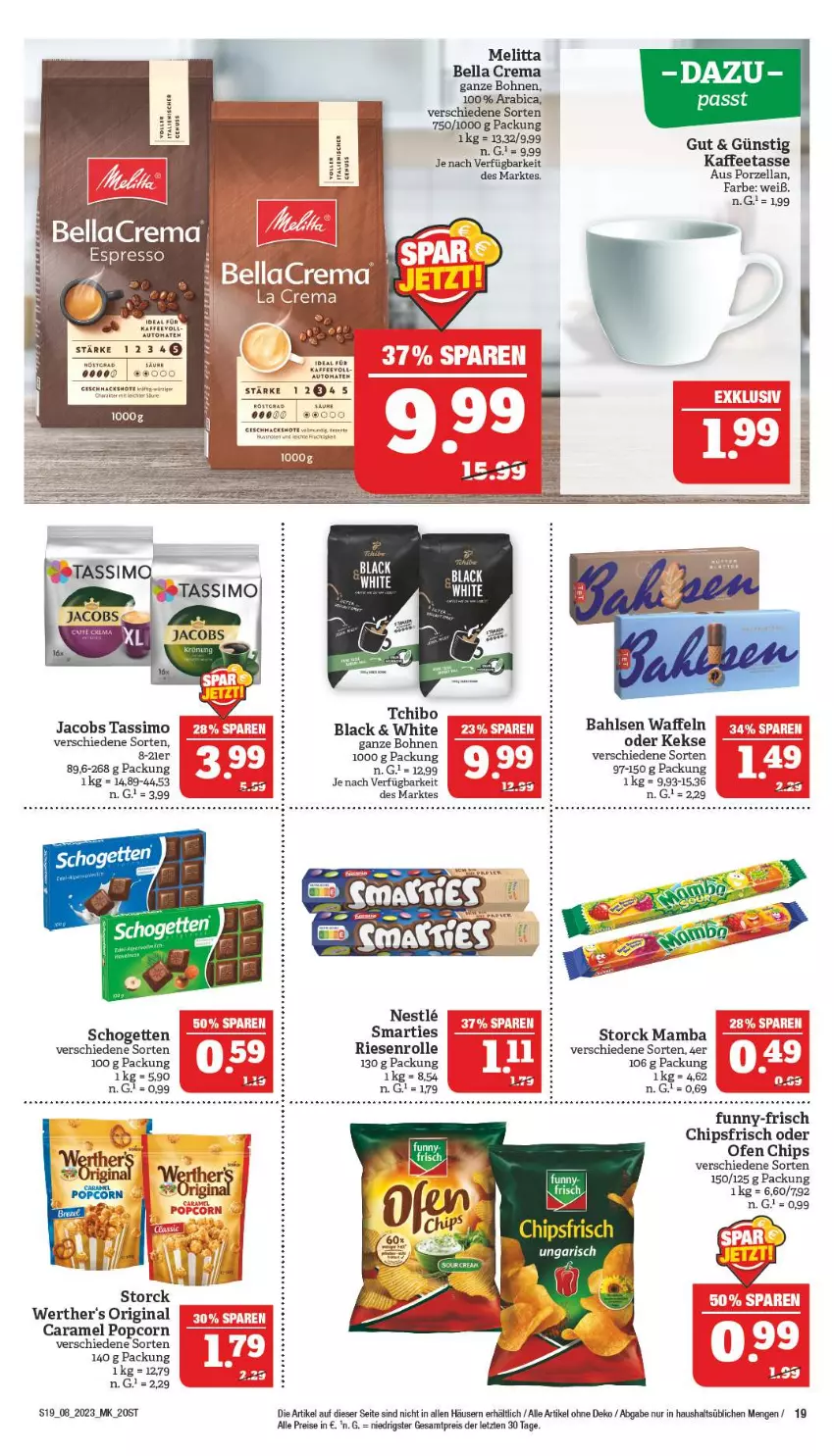 Aktueller Prospekt Marktkauf - Prospekt - von 19.02 bis 25.02.2023 - strona 19 - produkty: auto, bahlsen, bella crema, bellacrema, bohne, bohnen, caramel, chips, chipsfrisch, eis, espresso, funny-frisch, gin, jacobs, jacobs tassimo, kaffee, keks, kekse, lack, mac, mam, melitta, Ofen, popcorn, reis, schogetten, sim, smarties, storck, tasse, tassimo, Tchibo, tee, Ti, tomate, tomaten, waffeln, werther's, ZTE