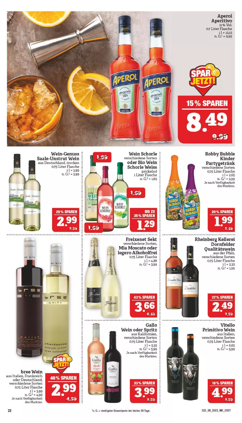 Aktueller Prospekt Marktkauf - Prospekt - von 19.02 bis 25.02.2023 - strona 22 - produkty: alkohol, aperol, bio, bree, dornfelder, eis, elle, flasche, freixenet, gallo, getränk, Kinder, nuss, primitivo, qualitätswein, reis, robby, schorle, sekt, tee, Ti, wein, ZTE