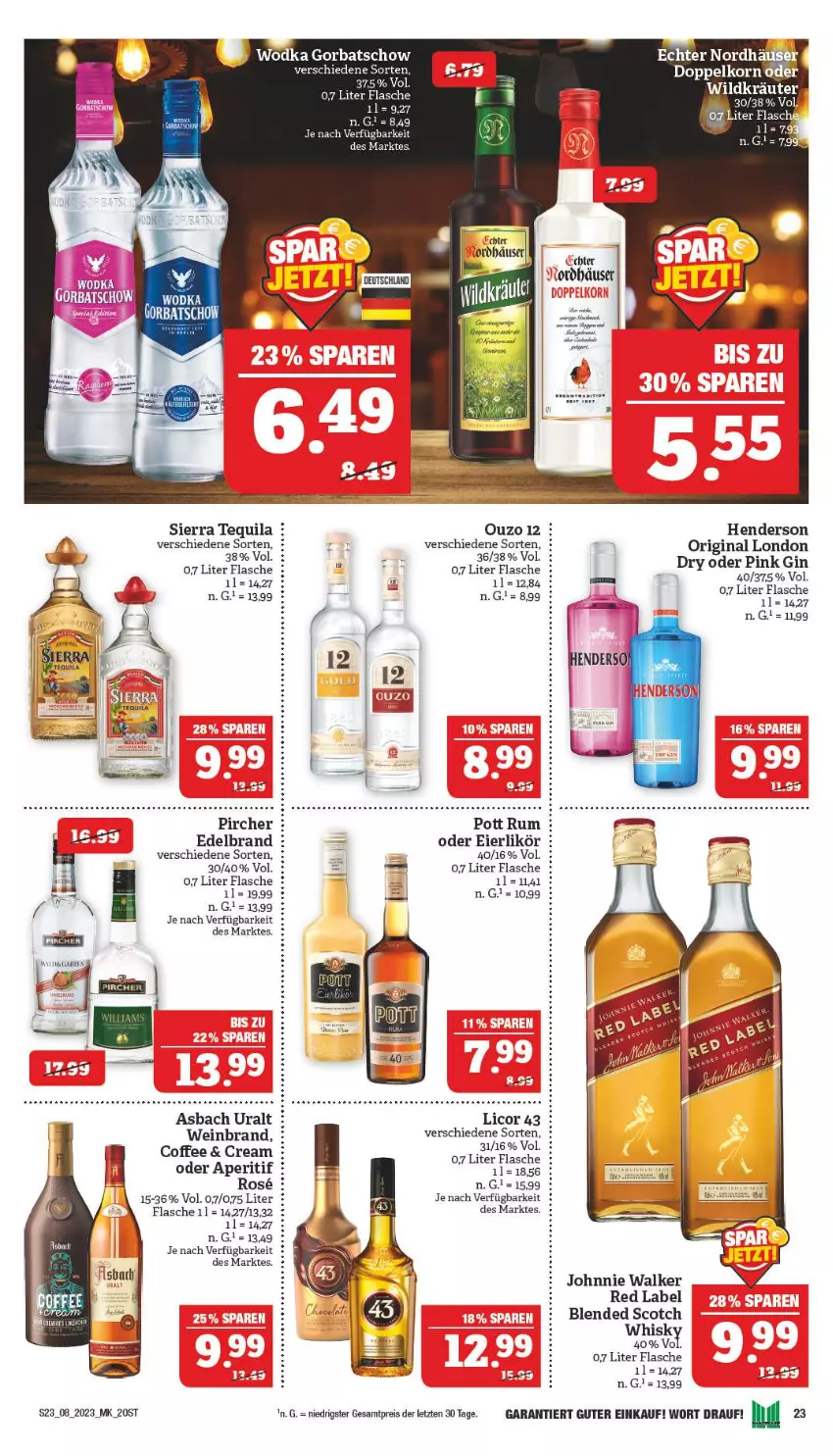 Aktueller Prospekt Marktkauf - Prospekt - von 19.02 bis 25.02.2023 - strona 23 - produkty: aperitif, asbach uralt, blended scotch, eier, eierlikör, eis, enders, flasche, gin, Gorbatschow, johnnie walker, licor, licor 43, likör, ouzo, ouzo 12, pircher, reis, rum, scotch, Sierra, sierra tequila, tequila, Ti, wein, weinbrand, ZTE