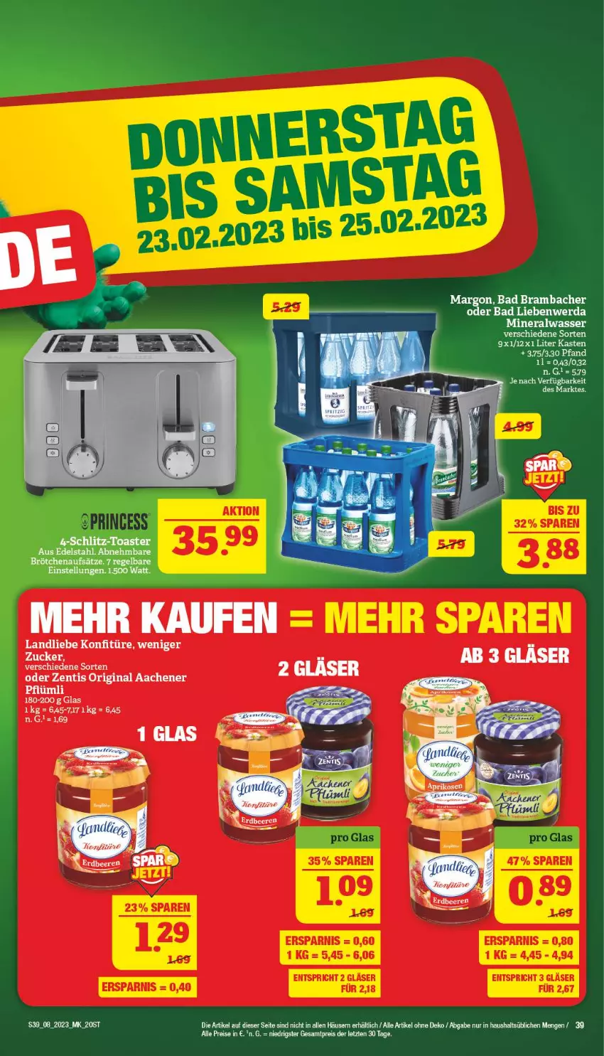 Aktueller Prospekt Marktkauf - Prospekt - von 19.02 bis 25.02.2023 - strona 39 - produkty: Alwa, Bad, Bad Liebenwerda, brötchen, edelstahl, eis, gin, konfitüre, landliebe, mineralwasser, reis, Ti, toast, toaster, wasser, zentis, ZTE, zucker