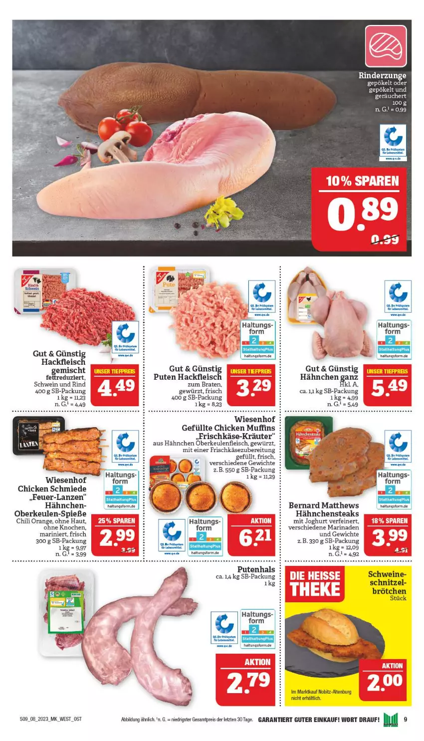 Aktueller Prospekt Marktkauf - Prospekt - von 19.02 bis 25.02.2023 - strona 9 - produkty: braten, brötchen, chili, eis, fleisch, frischkäse, frischkäsezubereitung, gewürz, hackfleisch, Hähnchensteak, hähnchensteaks, joghur, joghurt, Käse, kräuter, lebensmittel, marinade, Muffin, muffins, orange, pute, reis, rind, rinder, Rinderzunge, schnitzel, schwein, schwein und rind, schweine, steak, steaks, Ti, wein, weine, wiesenhof, ZTE