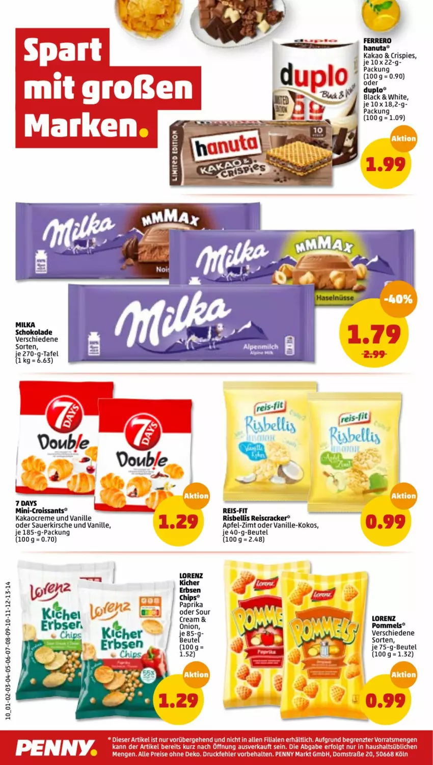 Aktueller Prospekt Penny - Prospekte - von 03.01 bis 08.01.2022 - strona 10 - produkty: apfel, auer, beutel, cracker, creme, Croissant, croissants, duplo, eis, erbsen, hanuta, kakao, kirsch, kirsche, kokos, lack, lorenz, Pommels, reis, reis-fit, schoko, schokolade, Ti, vanille, ZTE