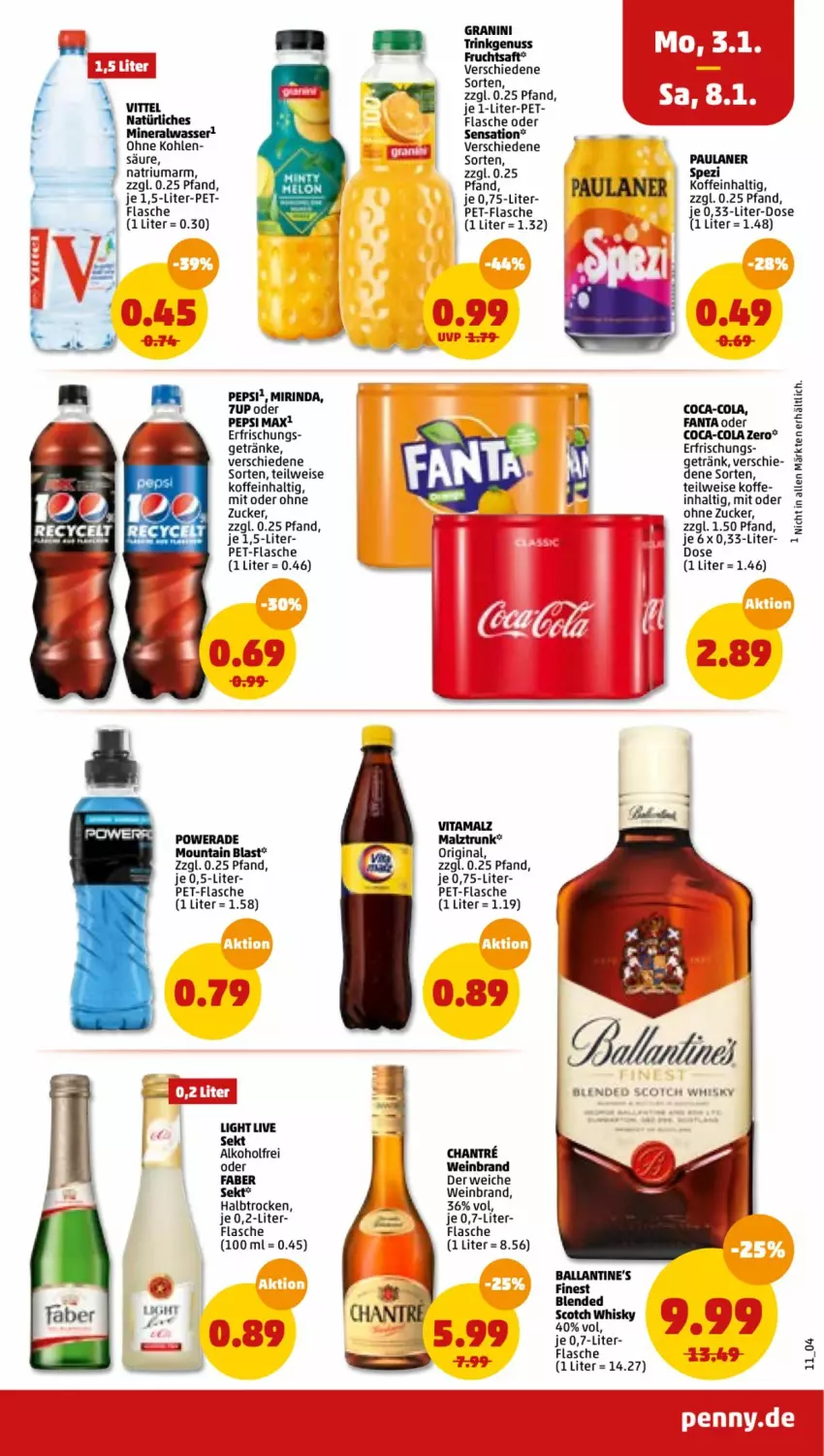 Aktueller Prospekt Penny - Prospekte - von 03.01 bis 08.01.2022 - strona 11 - produkty: 7UP, alkohol, Alwa, ball, blended scotch, blended scotch whisky, coca-cola, cola, eis, fanta, fanta oder, flasche, frucht, fruchtsaft, getränk, getränke, gin, granini, malz, mineralwasser, Mirinda, natürliches mineralwasser, nuss, Paula, paulaner, pepsi, pet-flasche, rind, saft, scotch, scotch whisky, sekt, Ti, vita, vitamalz, vittel, wasser, wein, weinbrand, whisky, zucker