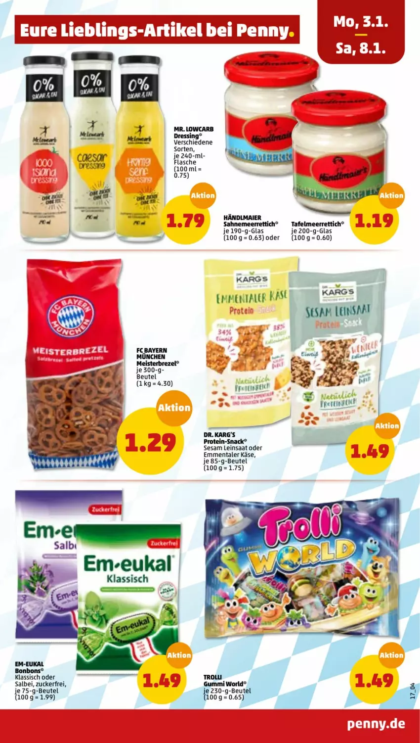 Aktueller Prospekt Penny - Prospekte - von 03.01 bis 08.01.2022 - strona 17 - produkty: beutel, bonbons, brezel, dressing, eis, emmentaler, flasche, Käse, meerrettich, Meister, Rettich, sahne, sesam, snack, Ti, zucker