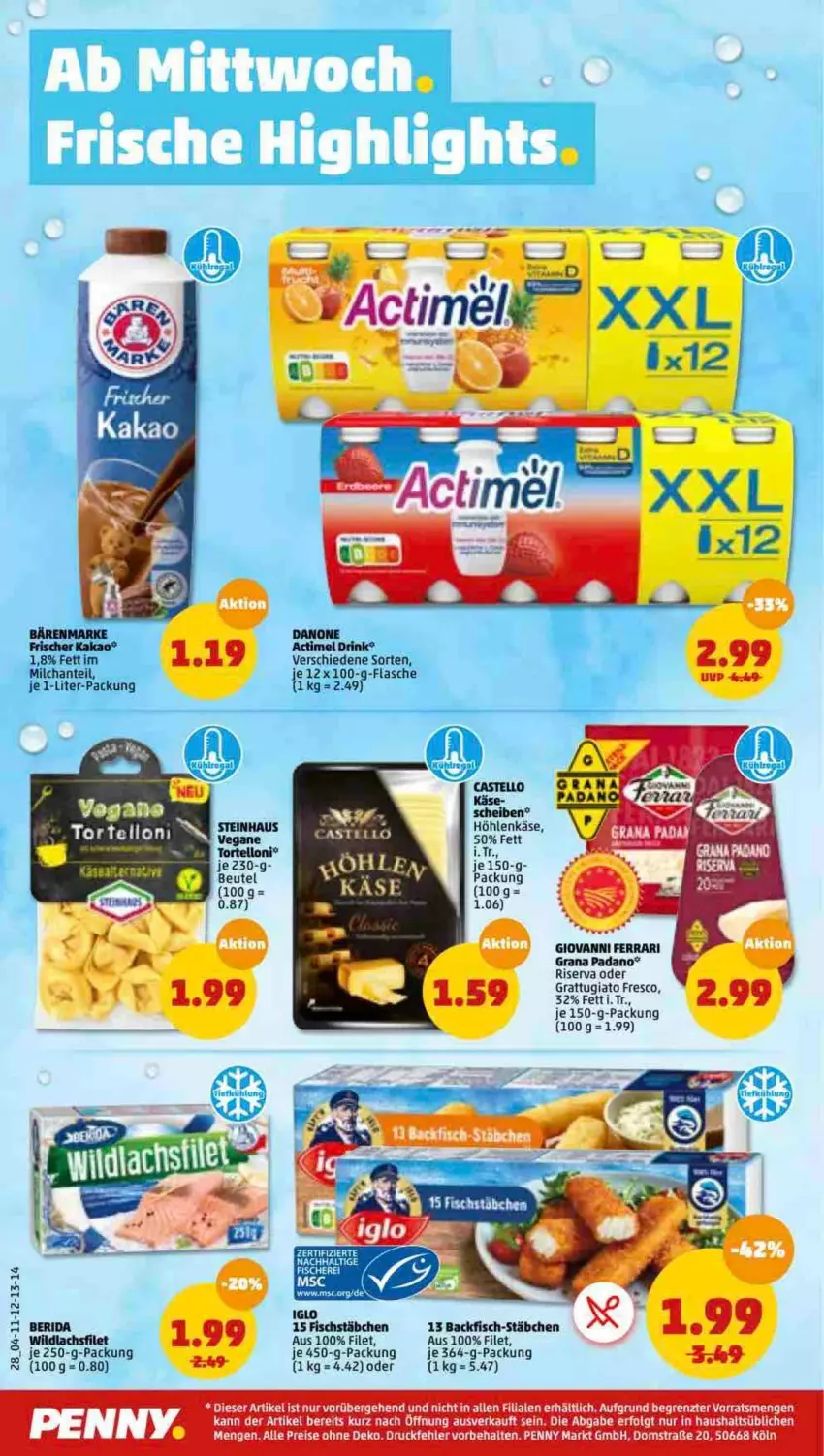 Aktueller Prospekt Penny - Prospekte - von 03.01 bis 08.01.2022 - strona 28 - produkty: backfisch, bärenmarke, danone, eis, filet, fisch, fischstäbchen, flasche, grana, grana padano, höhlenkäse, je 250-g-packung, kakao, Käse, lachs, lachsfilet, LG, milch, padano, Rana, reis, riserva, Ti, Wild, wildlachs, ZTE