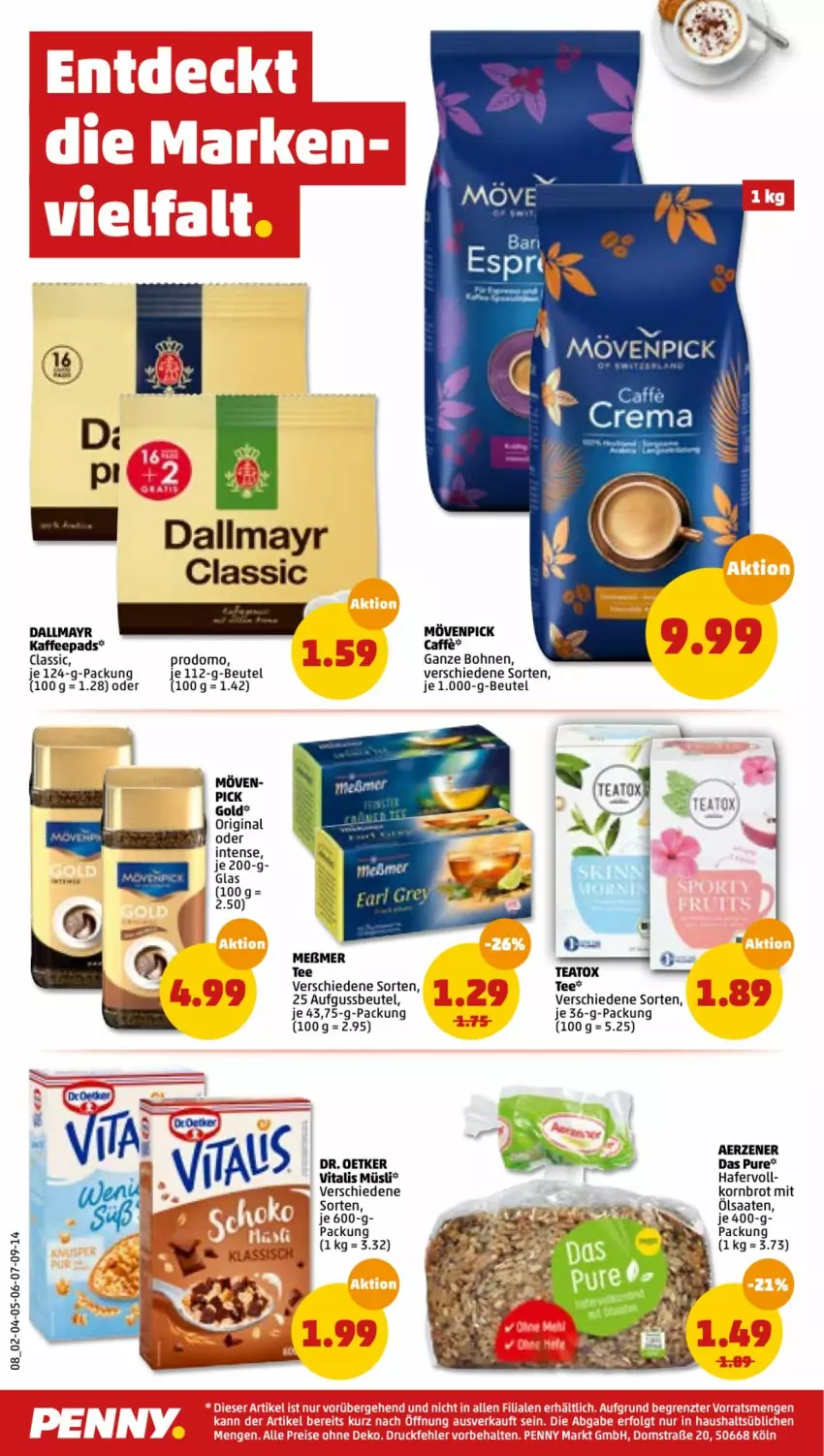 Aktueller Prospekt Penny - Prospekte - von 03.01 bis 08.01.2022 - strona 8 - produkty: beutel, bohne, bohnen, brot, dallmayr, Dr. Oetker, gin, hafer, kaffee, kaffeepads, korn, Kornbrot, mövenpick, müsli, prodomo, tee, vita, vitalis, vitalis müsli