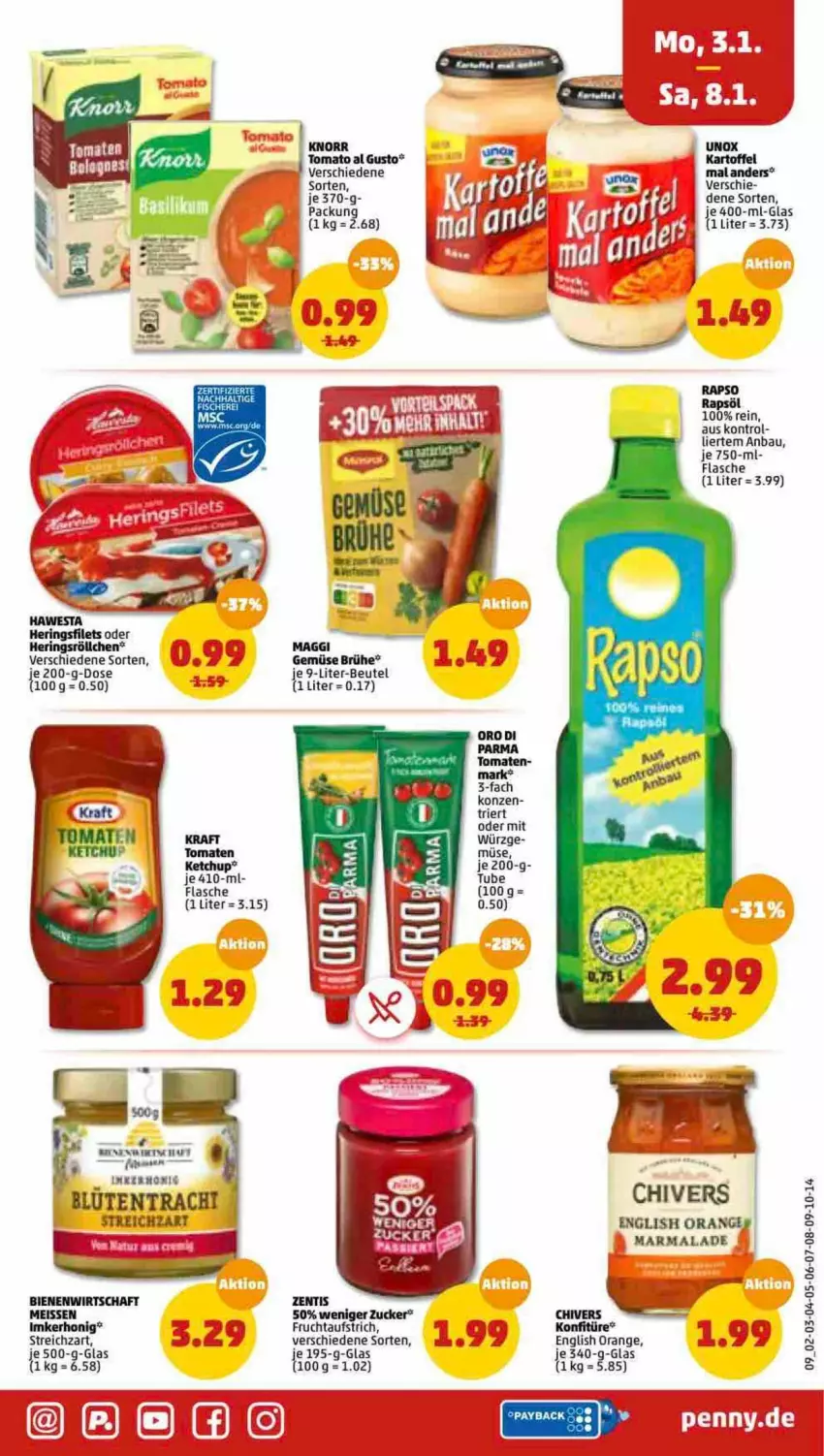 Aktueller Prospekt Penny - Prospekte - von 03.01 bis 08.01.2022 - strona 9 - produkty: aufstrich, Bau, beutel, Blüte, Brühe, eis, filet, filets, flasche, frucht, fruchtaufstrich, hering, Herings, heringsfilets, honig, ketchup, knorr, konfitüre, kraft, maggi, orange, rapso, rapsöl, ring, Streichzart, tomate, tomaten, tomato al gusto, zucker