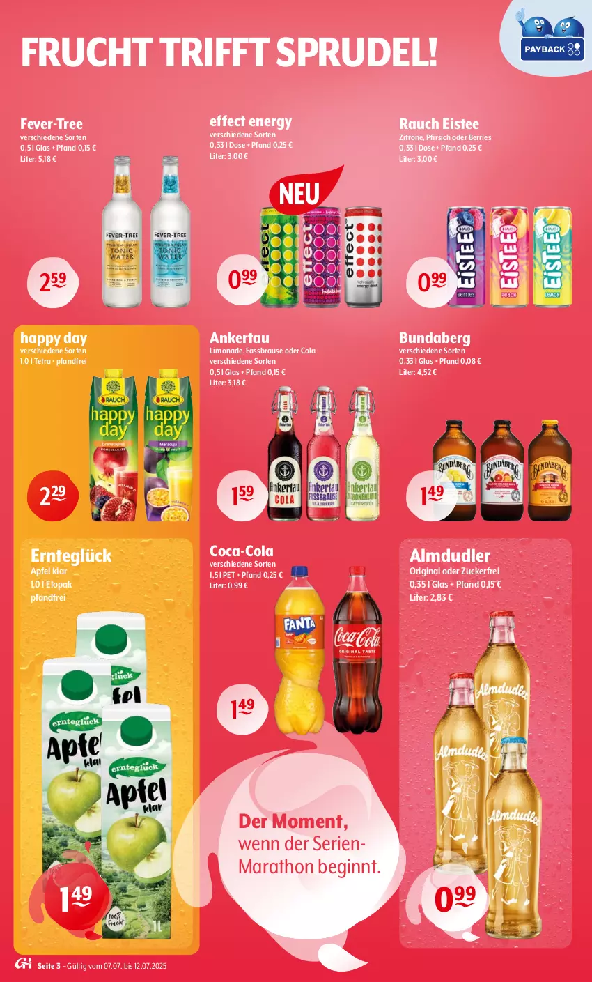 Aktueller Prospekt Getraenke Hoffmann - Prospekte - von 07.07 bis 12.07.2025 - strona 3 - produkty: almdudler, apfel, brause, Bundaberg, coca-cola, cola, Effect, eis, eistee, fassbrause, fever-tree, frucht, gin, Happy Day, limo, limonade, pfirsich, Rauch, Sprudel, tee, Ti, zitrone, zucker
