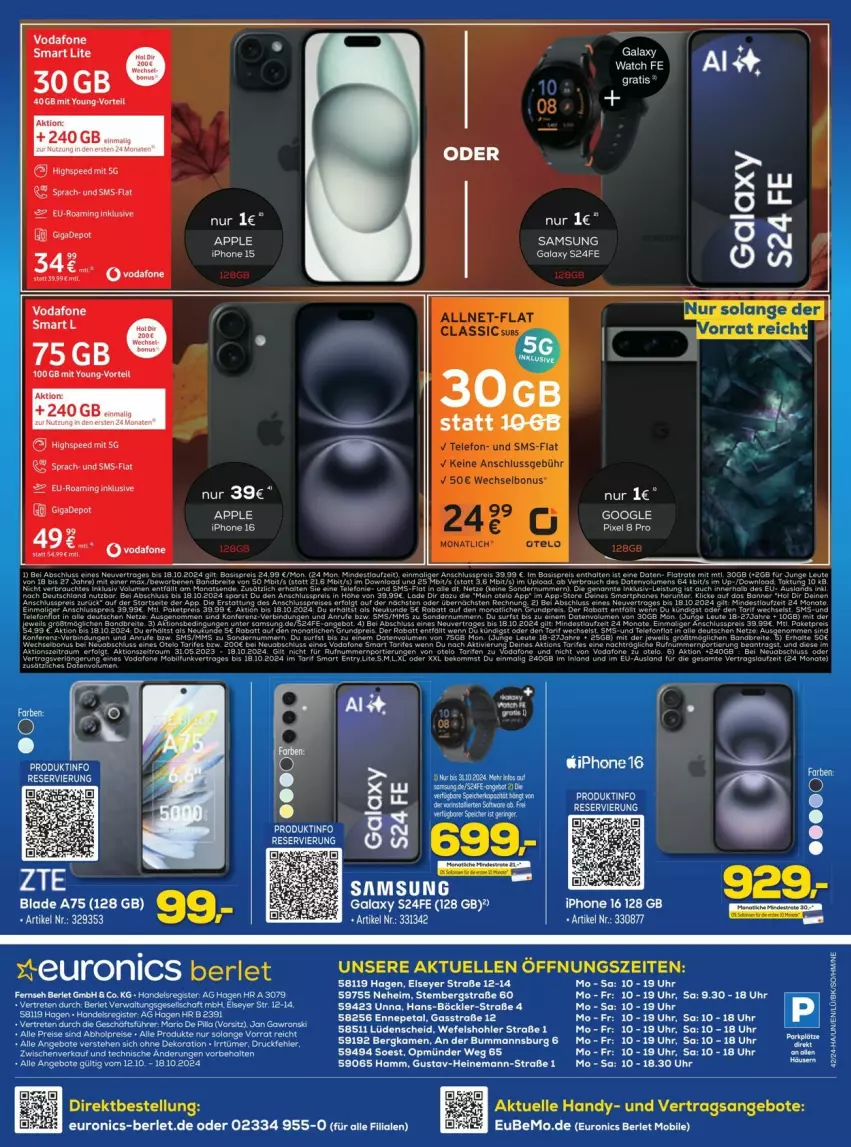 Aktueller Prospekt Euronics - Prospekte - von 14.10 bis 20.10.2024 - strona 14 - produkty: angebot, angebote, Apple, dekoration, eier, elle, Handy, iphone, leine, Samsung, Ti, uhr, vodafone, ZTE