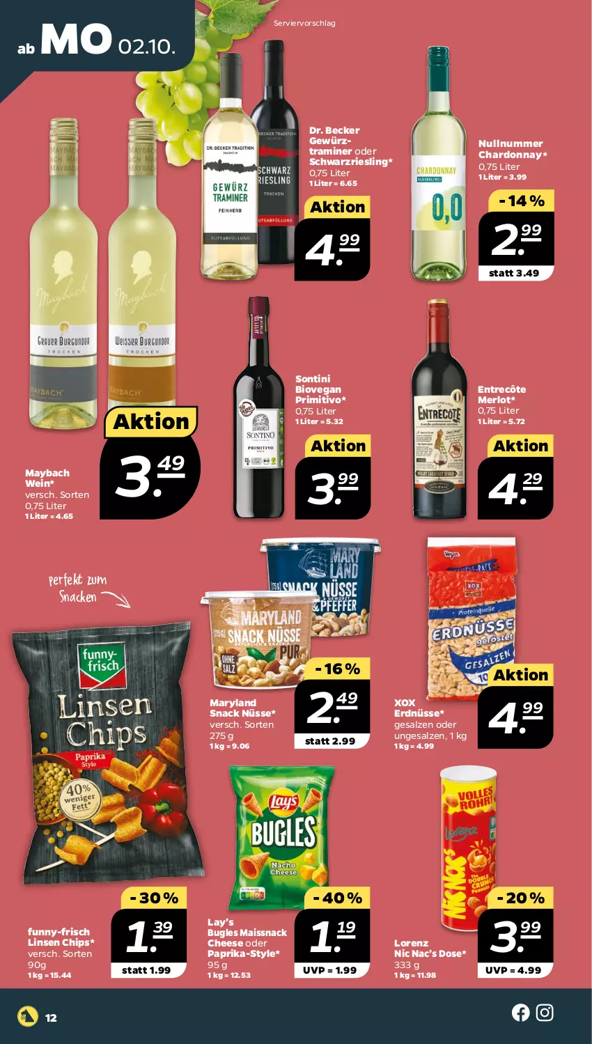 Aktueller Prospekt Netto - Woche 40 - von 02.10 bis 07.10.2023 - strona 12 - produkty: bio, bugles, chardonnay, chips, entrecôte, erdnüsse, funny-frisch, gewürz, linsen, lorenz, mais, maybach, merl, merlot, paprika, primitivo, riesling, salz, schwarzriesling, snack, Ti, wein