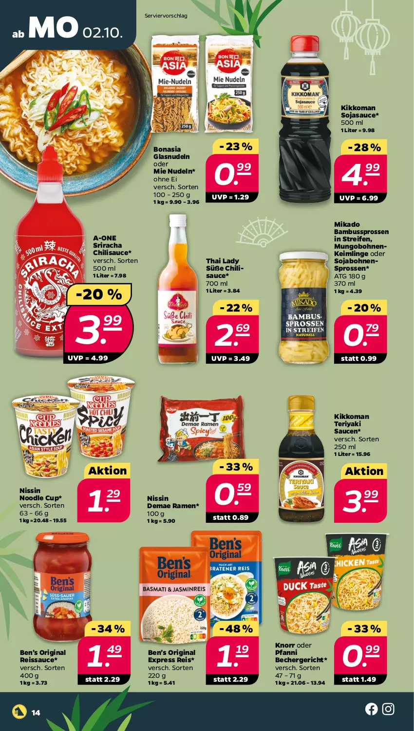 Aktueller Prospekt Netto - Woche 40 - von 02.10 bis 07.10.2023 - strona 14 - produkty: bambus, Becher, Ben’s Original, bohne, bohnen, Bona, chili, eis, gin, kikkoman, knorr, mikado, Nissin, nudel, nudeln, pfanni, reifen, reis, reiss, sauce, saucen, soja, sojasauce, Sriracha, Ti