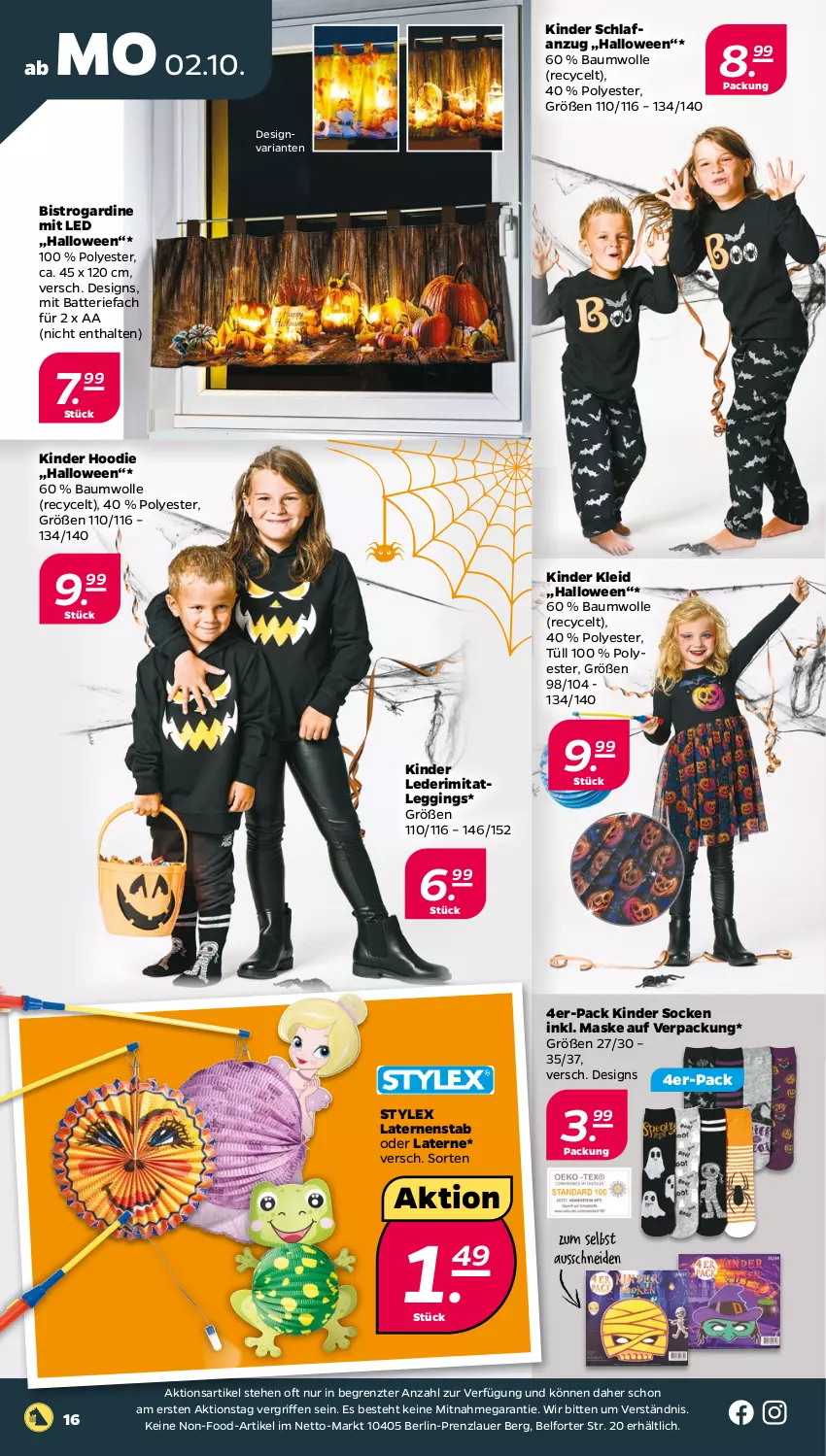 Aktueller Prospekt Netto - Woche 40 - von 02.10 bis 07.10.2023 - strona 16 - produkty: Anzug, auer, batterie, Bau, baumwolle, gin, Kinder, kleid, laterne, Lederimitatleggings, leggings, Maske, Ria, Schlafanzug, socken, stylex, Ti, wolle, ZTE