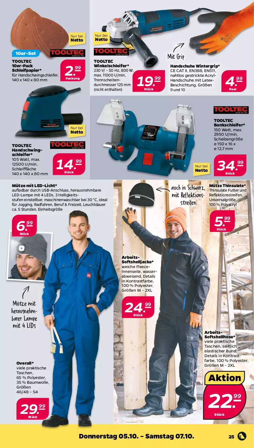 Aktueller Prospekt Netto - Woche 40 - von 02.10 bis 07.10.2023 - strona 25 - produkty: asti, auer, Bank, Bau, baumwolle, eis, gin, handschuhe, Handschwingschleifer, hose, Jacke, Lampe, led-licht, leds, LG, messer, Mütze, Overall, papier, reifen, Schleifpapier, schuhe, Softshellhose, Tasche, taschen, Ti, tisch, Tooltec, usb, wasser, Winkelschleifer, wolle