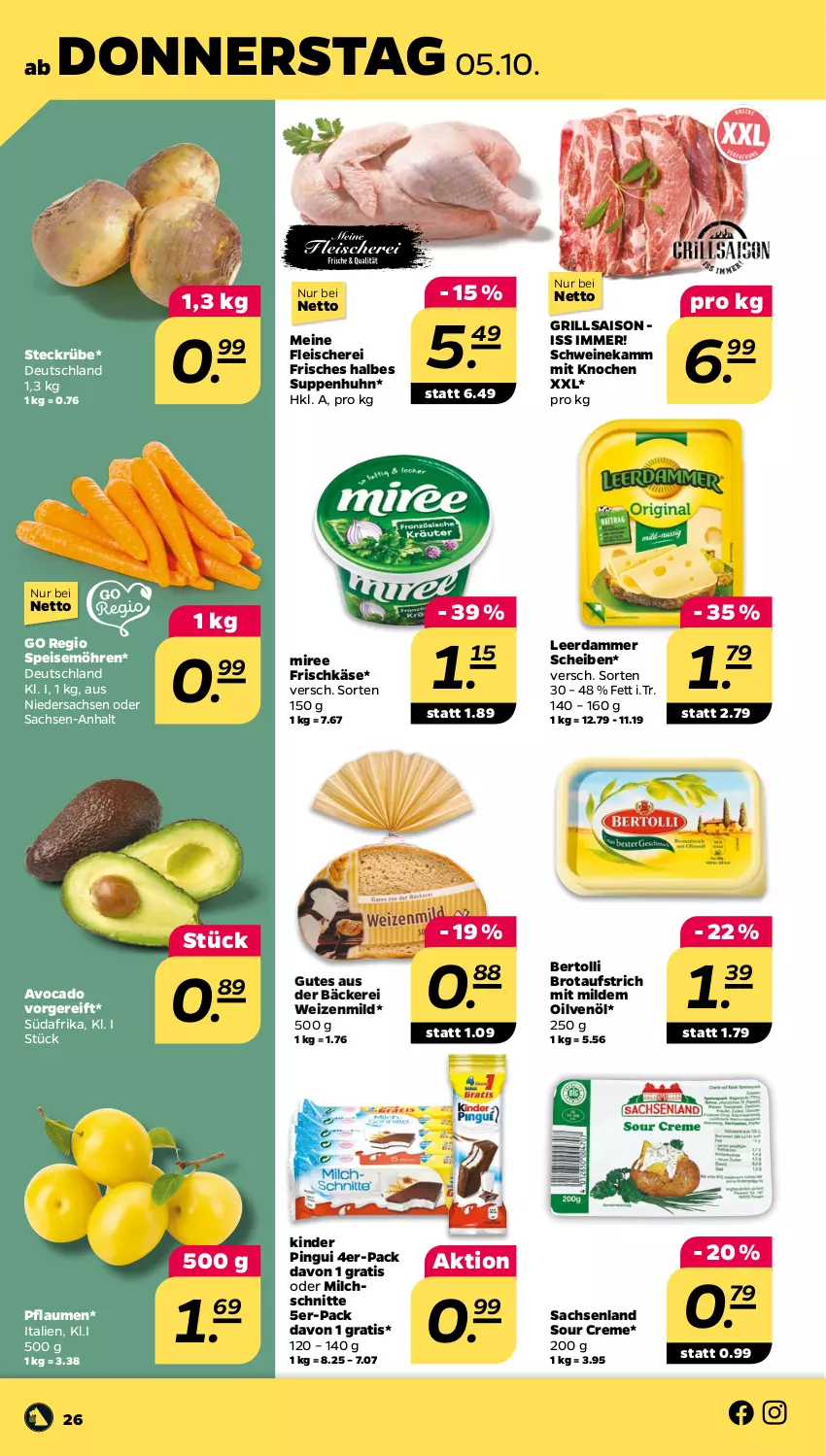 Aktueller Prospekt Netto - Woche 40 - von 02.10 bis 07.10.2023 - strona 26 - produkty: aufstrich, avocado, bertolli, brot, brotaufstrich, creme, eis, fleisch, Fleischerei, frischkäse, grill, Käse, Kinder, kinder pingui, leerdammer, milch, Milchschnitte, miree, möhren, pflaume, pflaumen, pingui, sac, Schere, schwein, schweine, speisemöhren, suppe, suppen, Suppenhuhn, Ti, wein, weine