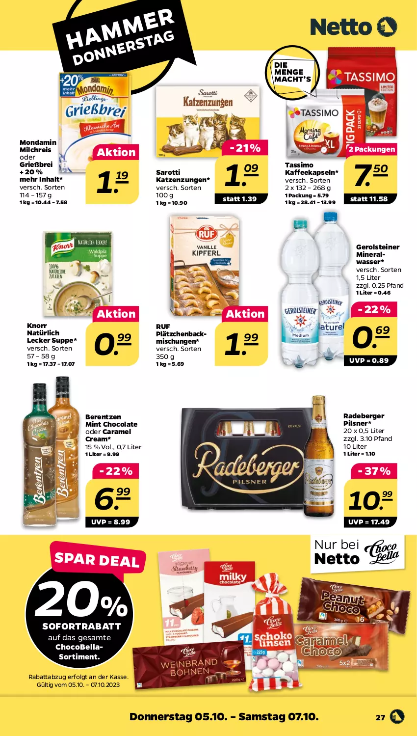 Aktueller Prospekt Netto - Woche 40 - von 02.10 bis 07.10.2023 - strona 27 - produkty: Alwa, backmischung, Backmischungen, berentzen, Berger, Brei, caramel, cola, eis, gerolsteine, gerolsteiner, kaffee, kaffeekapseln, knorr, Lätzche, LG, milch, milchreis, mineralwasser, mint, mondamin, pils, pilsner, radeberger, radeberger pilsner, reis, saro, sarotti, sim, sofortrabatt, steiner, suppe, tassimo, Ti, wasser