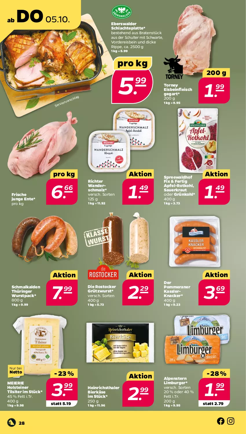 Aktueller Prospekt Netto - Woche 40 - von 02.10 bis 07.10.2023 - strona 28 - produkty: apfel, auer, bier, braten, burger, eier, eis, ente, fleisch, heinrichsthaler, holsteiner, Käse, knacker, Kraut, latte, Limburger, malz, reis, ring, Rostocker, rotkohl, Sauerkraut, Schmalz, spreewaldhof, steiner, Ti, Tilsiter, wurst