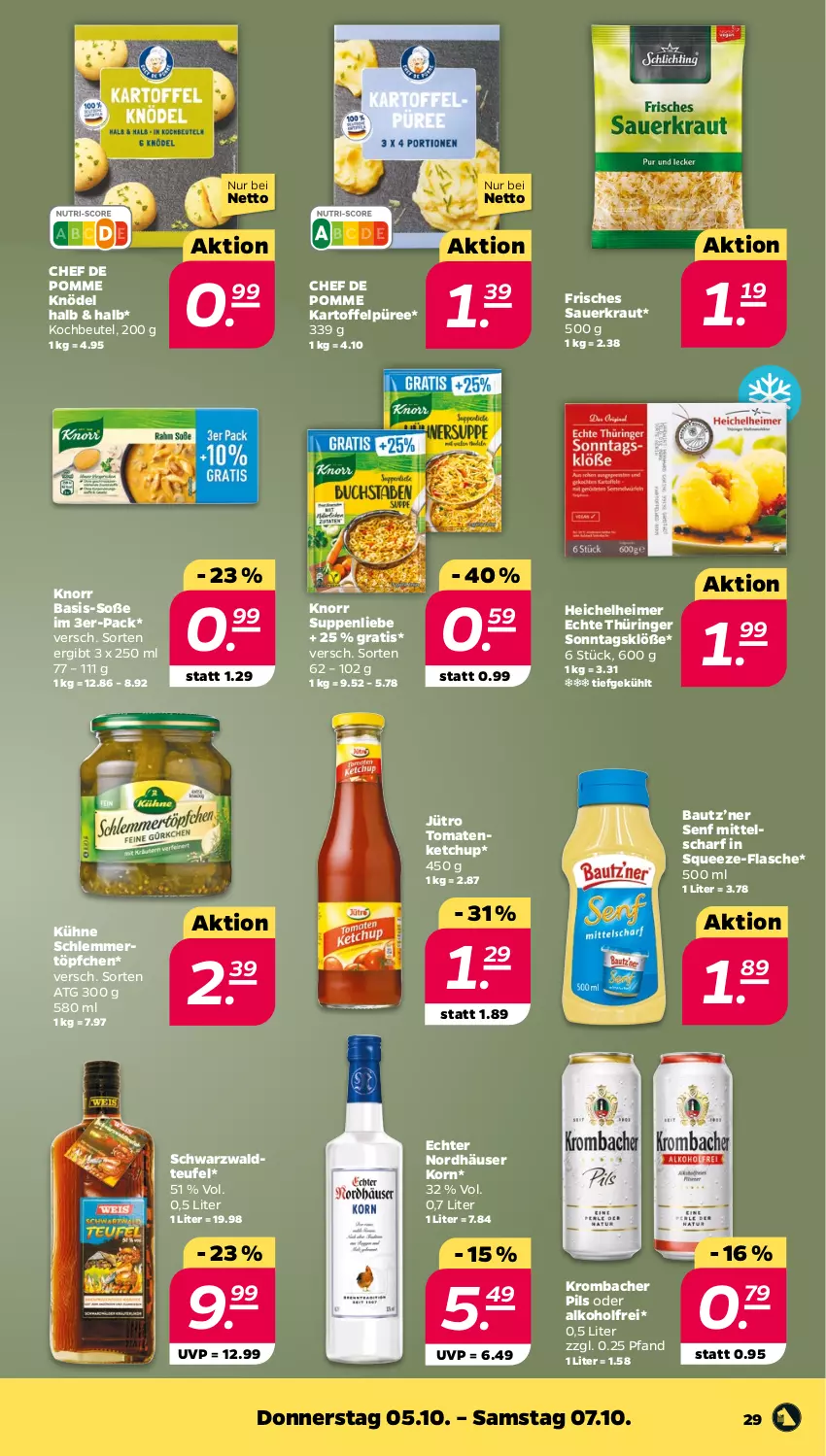 Aktueller Prospekt Netto - Woche 40 - von 02.10 bis 07.10.2023 - strona 29 - produkty: alkohol, auer, Bau, beutel, eimer, flasche, kartoffel, Kartoffelpüree, ketchup, Knödel, knorr, kochbeutel, korn, Kraut, krombache, krombacher, krombacher pils, Kühne, pils, püree, ring, Sauerkraut, schlemmertöpfchen, senf, Sonntagsklöße, Soße, suppe, suppen, suppenliebe, Ti, tomate, tomaten, tomatenketchup, Töpfchen