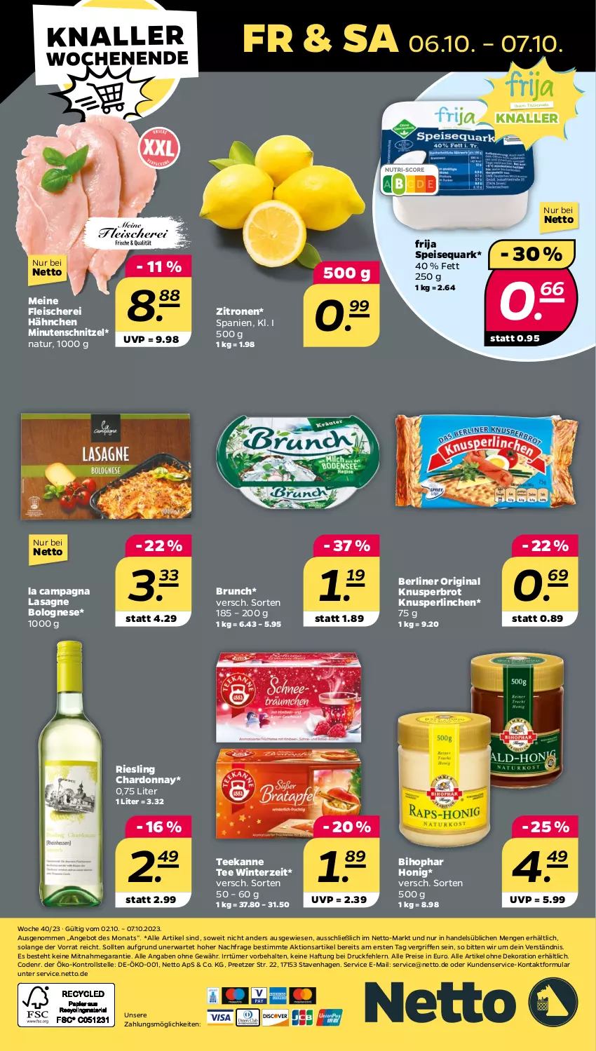 Aktueller Prospekt Netto - Woche 40 - von 02.10 bis 07.10.2023 - strona 32 - produkty: alle artikel ohne dekoration, angebot, berliner, bihophar, bolognese, brot, chardonnay, dekoration, eis, elle, fleisch, Fleischerei, gin, honig, Knusperlinchen, lasagne, minutenschnitzel, natur, quark, reis, riesling, Schere, schnitzel, speisequark, tee, teekanne, Ti, zitrone, zitronen