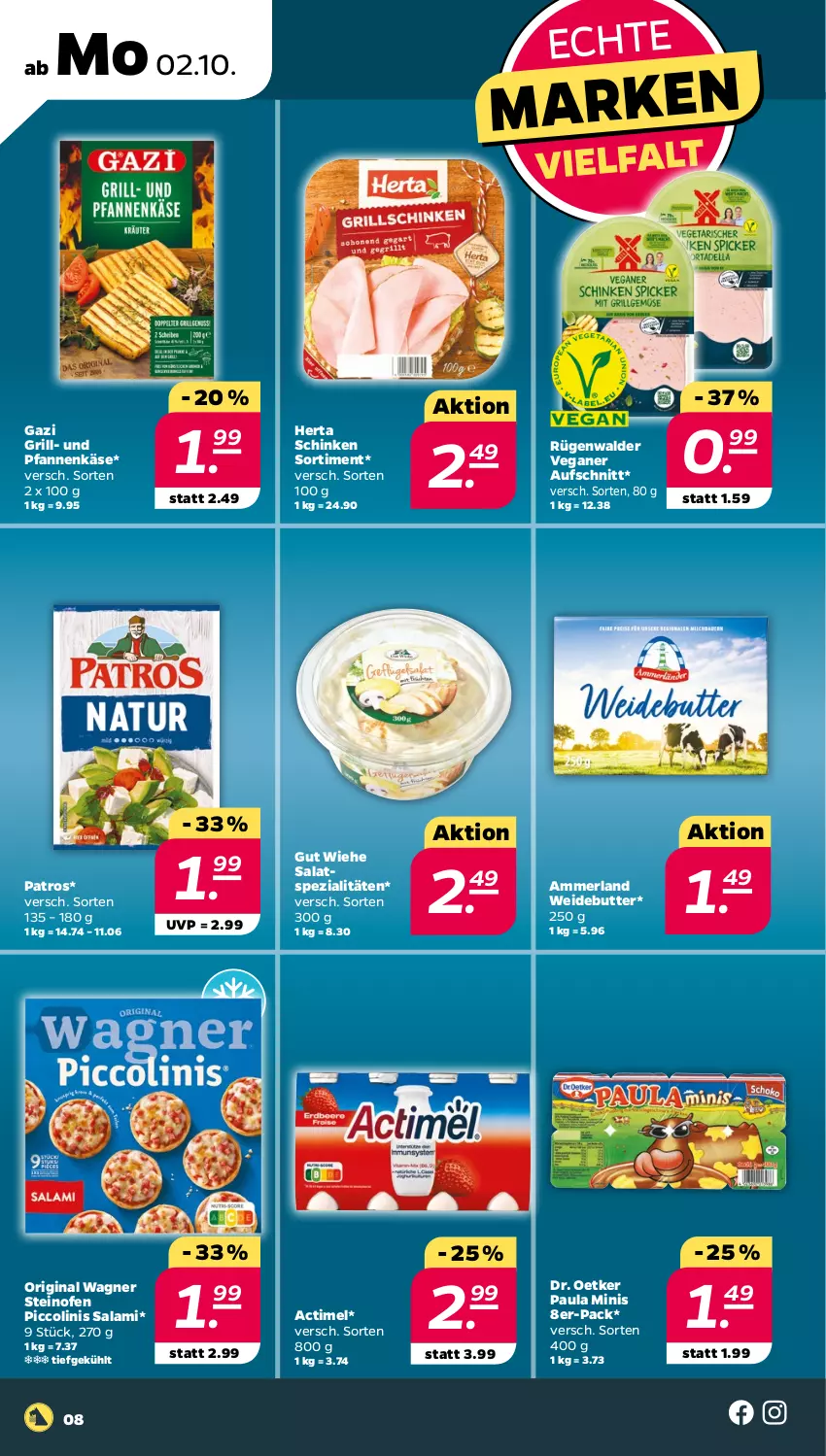 Aktueller Prospekt Netto - Woche 40 - von 02.10 bis 07.10.2023 - strona 8 - produkty: actimel, aufschnitt, butter, Dr. Oetker, gin, grill, herta, Käse, merl, Ofen, original wagner, patros, Paula, pfanne, pfannen, pfannenkäse, piccolinis, rügenwalder, salami, salat, schinken, Spezi, steinofen, Ti, und pfanne, wagner