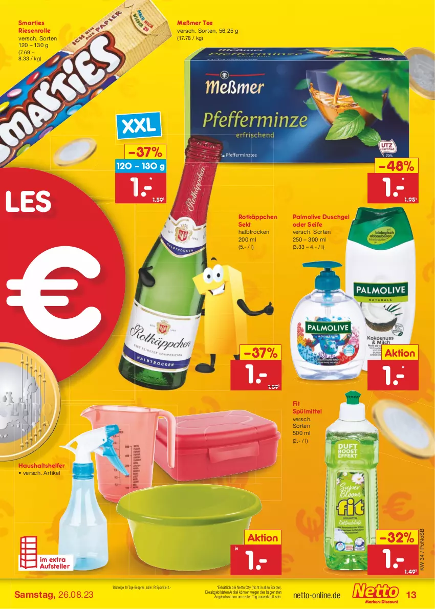 Aktueller Prospekt Netto Marken-Discount - Filial-Angebote - von 21.08 bis 26.08.2023 - strona 13 - produkty: angebot, bestpreis, duschgel, eis, elle, Meßmer, olive, palmolive, reis, rotkäppchen, Seife, sekt, smarties, spülmittel, tee, teller, Ti, ZTE