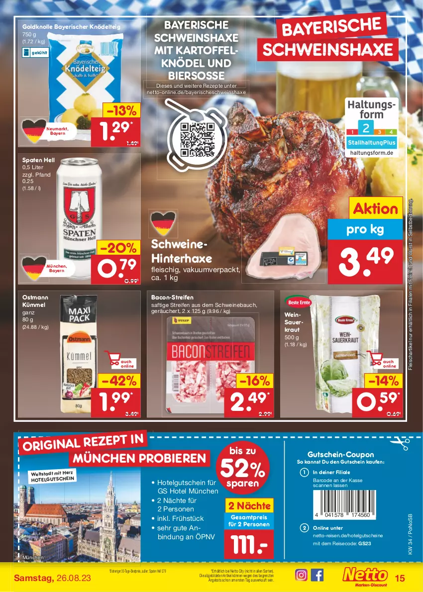 Aktueller Prospekt Netto Marken-Discount - Filial-Angebote - von 21.08 bis 26.08.2023 - strona 15 - produkty: angebot, auer, axe, bacon, Bau, bestpreis, bier, Biere, coupon, eis, fleisch, gin, gutschein, gutscheine, Haxe, kartoffel, Kartoffelknödel, Knödel, Knödelteig, Kraut, LG, reifen, reis, rezept, rezepte, saft, Sauerkraut, schwein, schweine, Schweinebauch, Spaten, Ti, wein, weine, Weinsauerkraut, wurst, wurst in selbstbedienung, ZTE