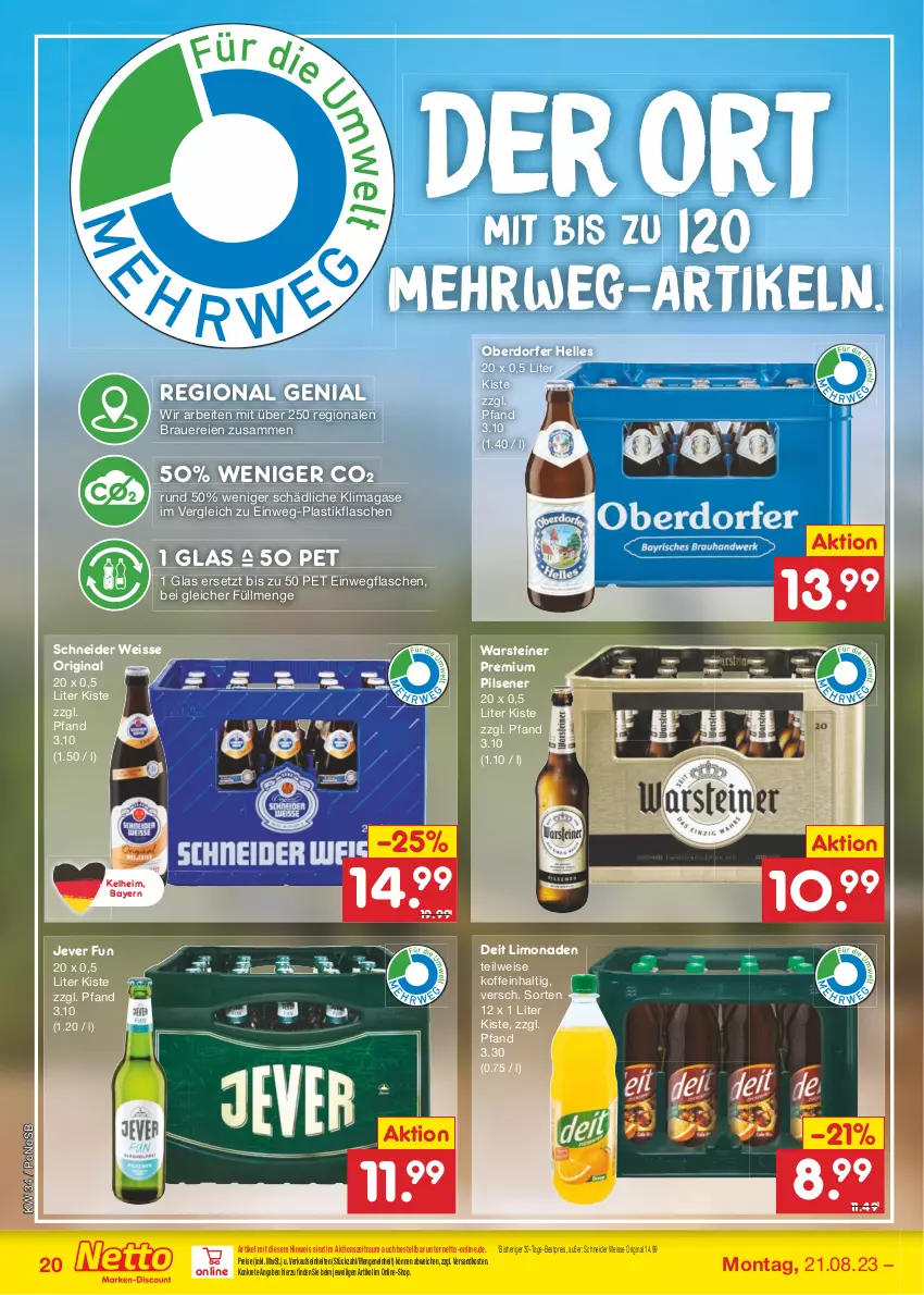 Aktueller Prospekt Netto Marken-Discount - Filial-Angebote - von 21.08 bis 26.08.2023 - strona 20 - produkty: asti, auer, bestpreis, deit, eis, elle, flasche, gin, jever, limo, limonade, limonaden, ndk, pils, pilsener, premium pils, reis, rwe, steiner, Ti, warsteiner