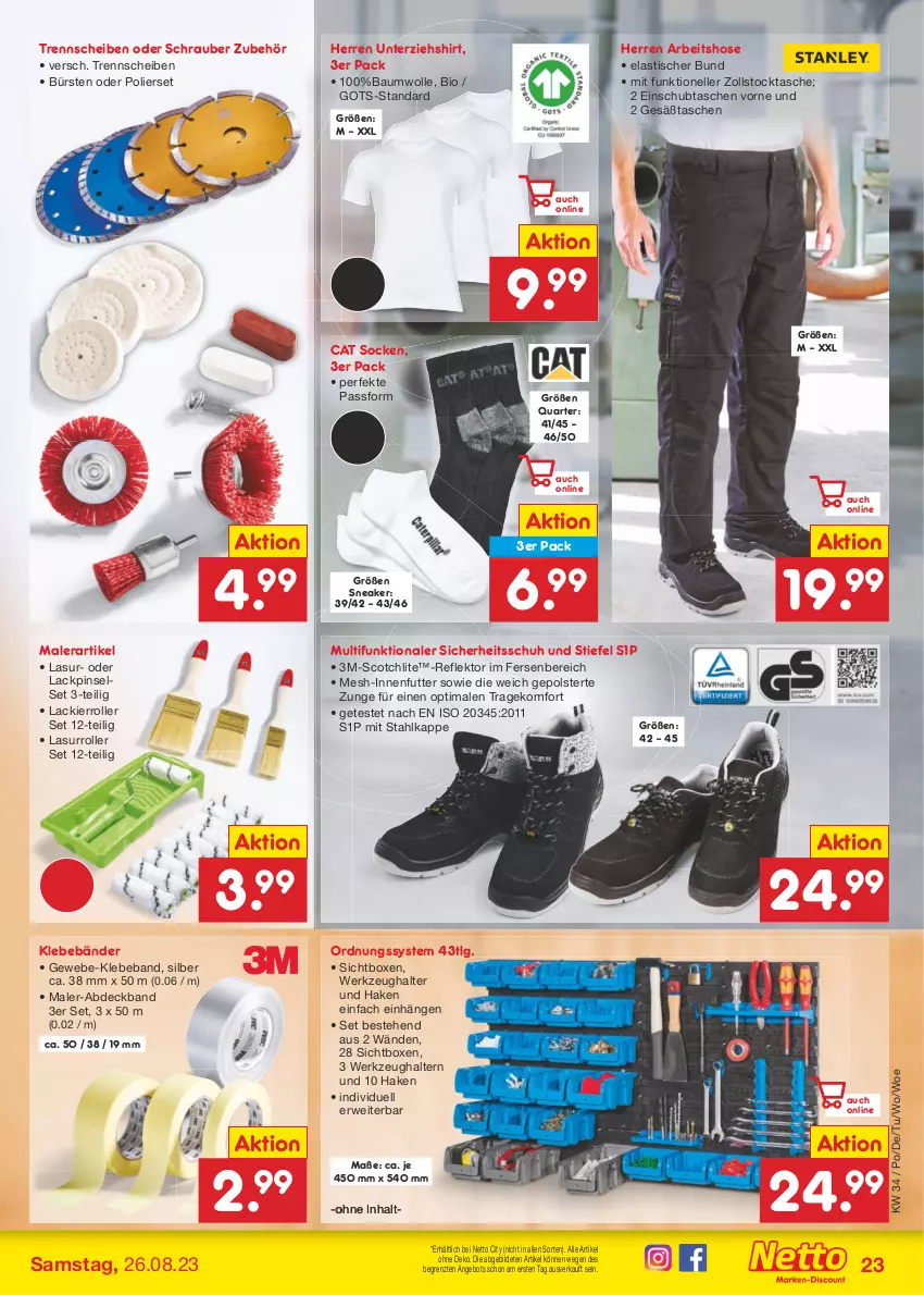 Aktueller Prospekt Netto Marken-Discount - Filial-Angebote - von 21.08 bis 26.08.2023 - strona 25 - produkty: angebot, asti, Bau, baumwolle, Beba, bio, bürste, bürsten, elle, hose, lack, Lackierroller, Lasurroller, LG, Pinsel, Pinselset, Roller, rwe, scotch, shirt, sneaker, socken, Tasche, taschen, Ti, tisch, werkzeug, Werkzeughalter, wolle, ZTE