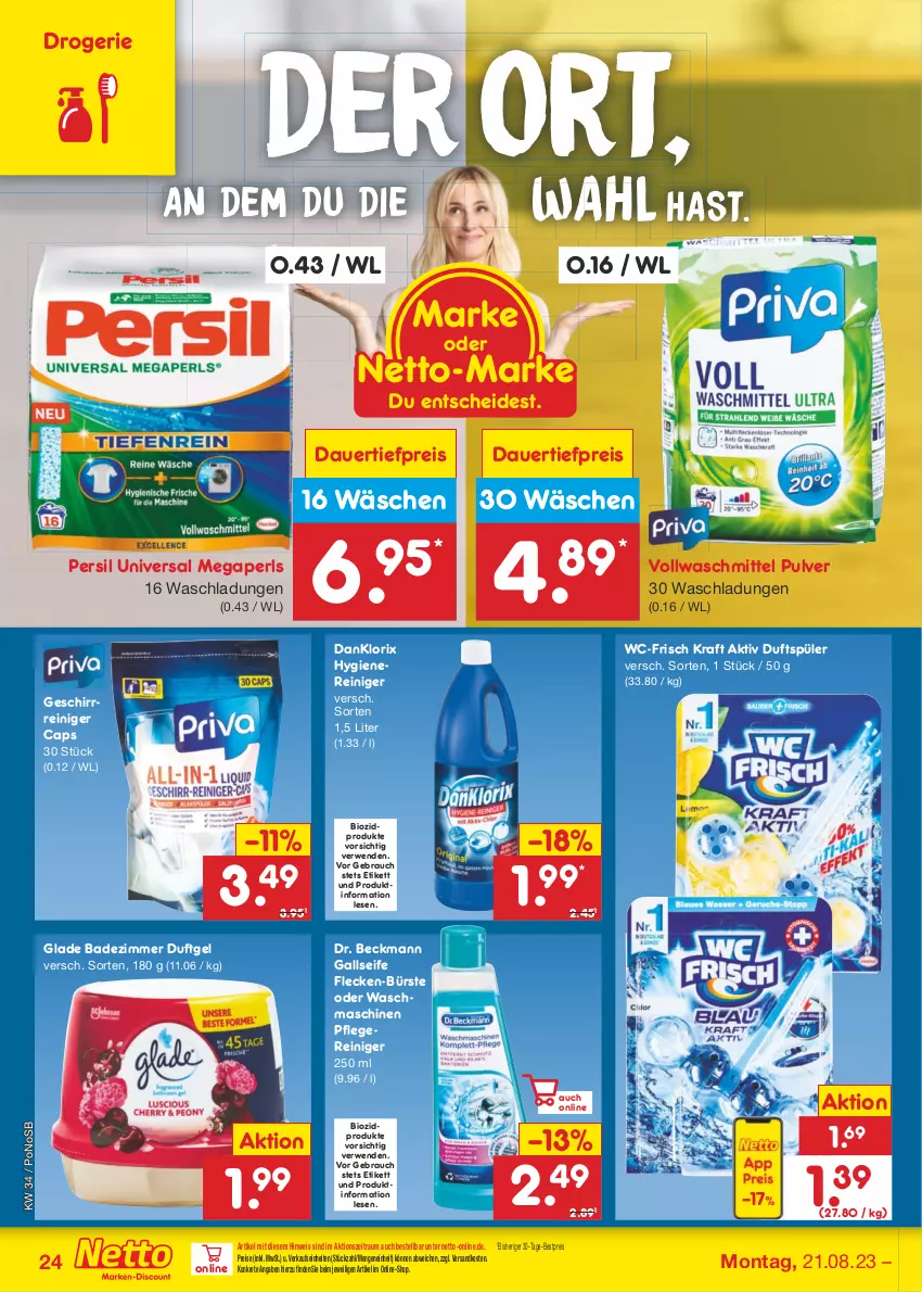 Aktueller Prospekt Netto Marken-Discount - Filial-Angebote - von 21.08 bis 26.08.2023 - strona 26 - produkty: auer, Bad, bestpreis, bio, biozidprodukte, bürste, Cap, danklorix, dauertiefpreis, Dr. Beckmann, eis, geschirr, Glade, kraft, megaperls, ndk, persil, Rauch, reiniger, reis, rwe, Seife, Ti, tiefpreis, universal megaperls, vollwaschmittel, waschmaschine, waschmaschinen, waschmittel