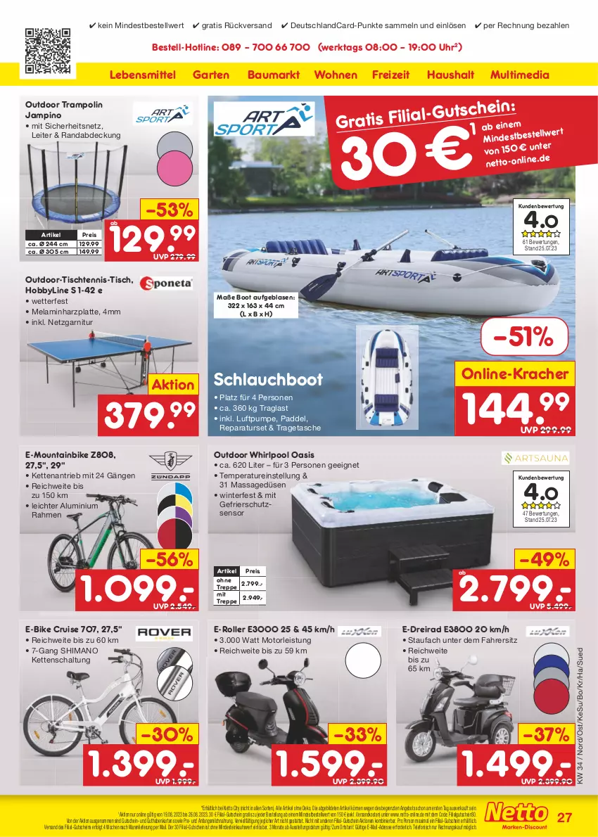 Aktueller Prospekt Netto Marken-Discount - Filial-Angebote - von 21.08 bis 26.08.2023 - strona 29 - produkty: angebot, Bau, deutschlandcard, Dreirad, E-Bike, E-Roller, eis, garnitur, Garten, guthabenkarte, gutschein, Hobby, Kette, kracher, latte, lebensmittel, LG, milch, Mountainbike, ndk, pool, reis, Roller, Schal, schlauch, shimano, Tasche, telefon, Ti, tisch, tragetasche, Trampolin, uhr, Whirlpool, ZTE