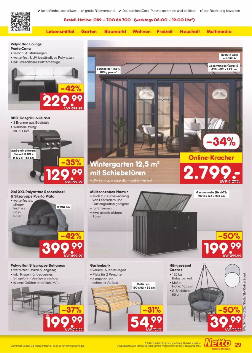 Aktueller Prospekt Netto Marken-Discount - Filial-Angebote - von 21.08 bis 26.08.2023 - strona 31 - produkty: angebot, Bank, Bau, decke, Deckel, deutschlandcard, edelstahl, eis, elle, Garten, gartenbank, gasgrill, grill, hama, hängesessel, kissen, kracher, lebensmittel, sessel, telefon, Ti, uhr, uv-schutz, wasser, ZTE