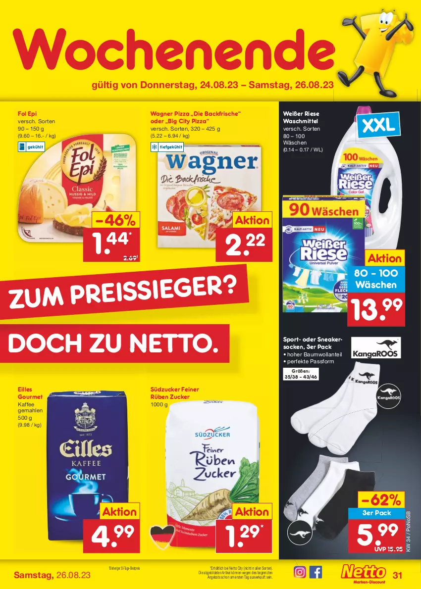 Aktueller Prospekt Netto Marken-Discount - Filial-Angebote - von 21.08 bis 26.08.2023 - strona 33 - produkty: angebot, Bau, bestpreis, eilles gourmet, eis, fol epi, kaffee, pizza, reis, sneaker, sneakersocken, socken, Sport, südzucker, Ti, wagner, waschmittel, ZTE, zucker