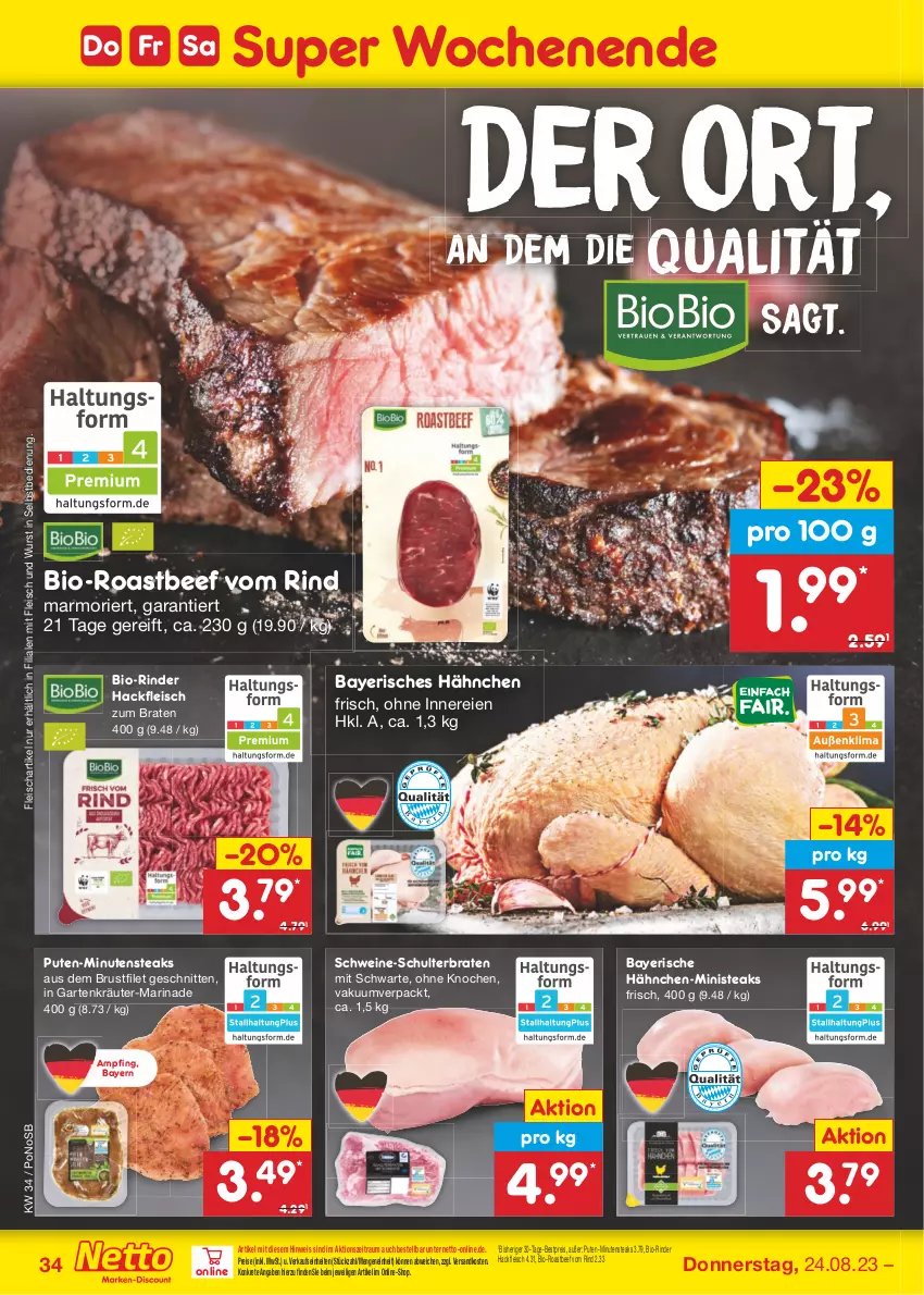 Aktueller Prospekt Netto Marken-Discount - Filial-Angebote - von 21.08 bis 26.08.2023 - strona 36 - produkty: beef, bestpreis, bio, biobio, braten, brustfilet, eis, filet, fleisch, Garten, hackfleisch, kräuter, marinade, minutensteaks, ndk, pute, reis, rind, rinder, roastbeef, schnitten, schwein, schweine, steak, steaks, Ti, wein, weine, wurst, wurst in selbstbedienung