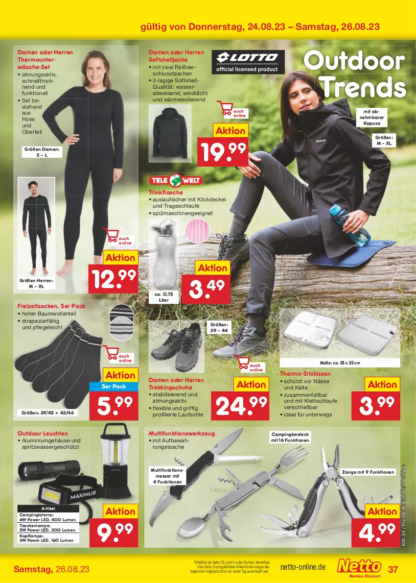 Aktueller Prospekt Netto Marken-Discount - Filial-Angebote - von 21.08 bis 26.08.2023 - strona 39 - produkty: angebot, aufbewahrungstasche, Bau, besteck, decke, Deckel, eis, flasche, Freizeitsocken, hose, Jacke, kissen, Lampe, laterne, Leuchte, leuchten, messer, rwe, schuhe, sitzkissen, socken, spülmaschinen, Tasche, taschen, taschenlampe, Thermounterwäsche, Ti, Trekkingschuh, Trekkingschuhe, trinkflasche, Unterwäsche, wasser, werkzeug, ZTE