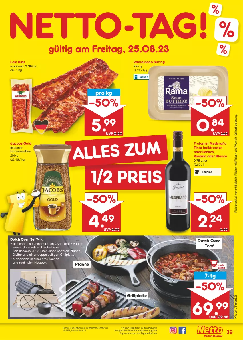 Aktueller Prospekt Netto Marken-Discount - Filial-Angebote - von 21.08 bis 26.08.2023 - strona 41 - produkty: angebot, bestpreis, bohne, bohnen, bohnenkaffee, decke, Deckel, eis, fleisch, freixenet, grill, grillplatte, Holz, jacobs, Jacobs Gold, kaffee, latte, LG, löslicher bohnenkaffee, pfanne, rama, reis, stielkasserolle, Ti, tisch, topf, Untersetzer, wurst, wurst in selbstbedienung, ZTE