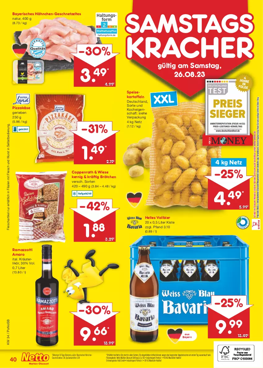 Aktueller Prospekt Netto Marken-Discount - Filial-Angebote - von 21.08 bis 26.08.2023 - strona 42 - produkty: amaro, angebot, angebote, bestpreis, bier, brötchen, coppenrath, discount, eis, elle, fleisch, geschnetzeltes, Holz, kartoffel, kartoffeln, Käse, kracher, kräuter, kräuterlikör, likör, marken-discount, natur, ndk, pizza, rama, ramazzott, ramazzotti, reis, speisekartoffeln, Ti, wurst, wurst in selbstbedienung, Zelt, zott, ZTE