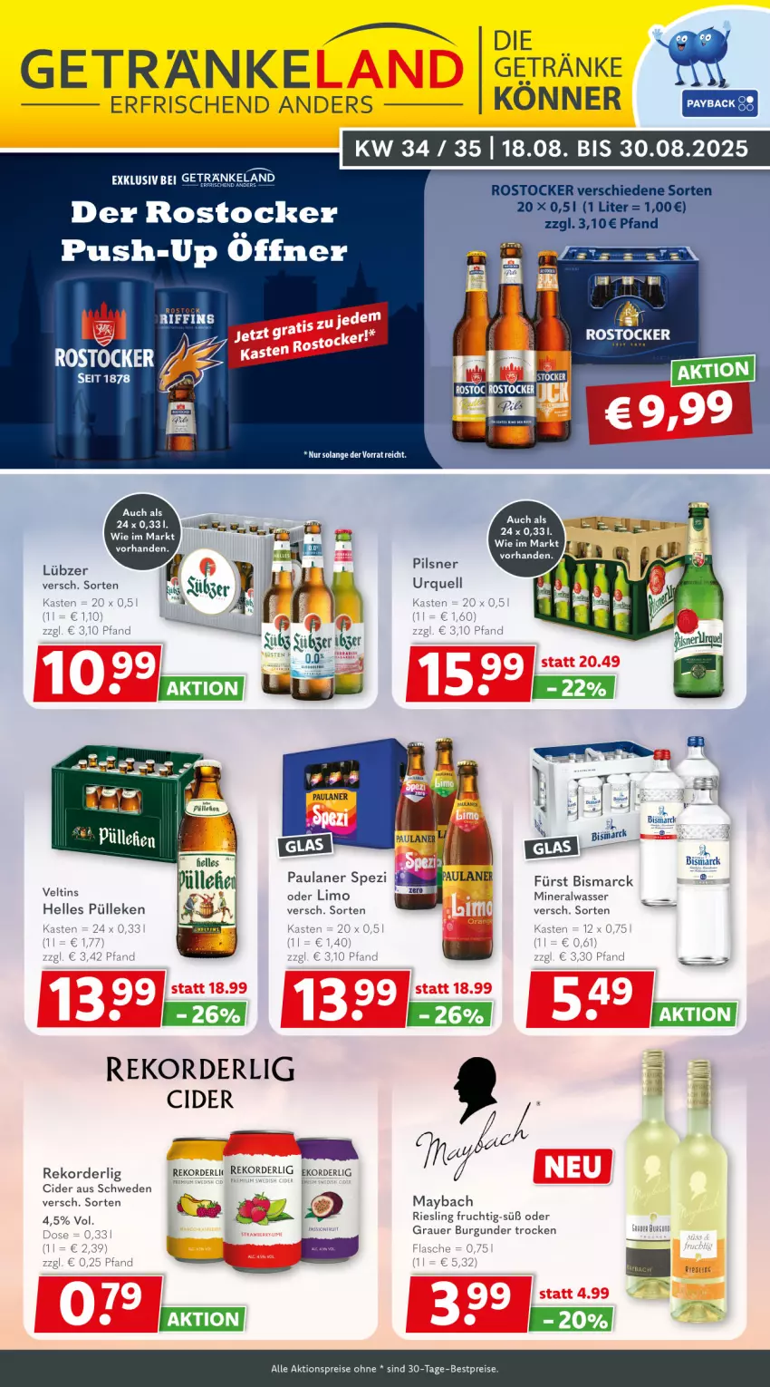 Aktueller Prospekt Getraenkeland - von 17.08 bis 29.08.2025 - strona 1 - produkty: aktionspreis, Alwa, auer, bestpreis, bestpreise, bismarck, burgunder, cider, eis, Elan, elle, flasche, frucht, getränk, getränke, grauer burgunder, limo, maybach, mineralwasser, Paula, paulaner, Push-up, reis, riesling, Rostocker, Spezi, Ti, veltins, wasser