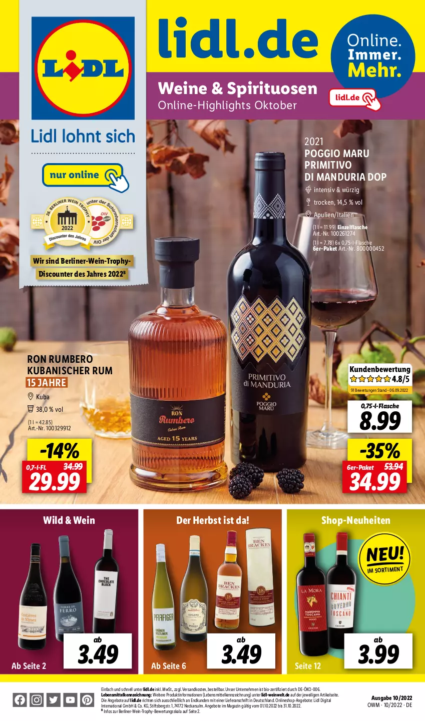 Aktueller Prospekt Lidl - Beste Weine für jeden Anlass - von 01.10 bis 31.10.2022 - strona 1 - produkty: angebot, angebote, berliner, bio, discount, flasche, lebensmittel, magazin, ndk, neuheit, primitivo, Ria, rum, spirituosen, Ti, wein, weine, Wild