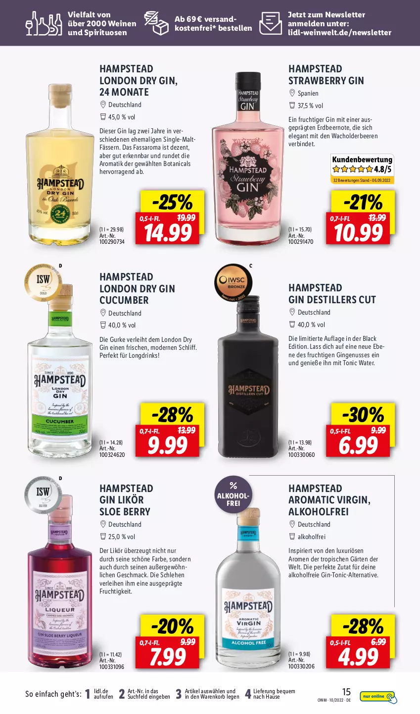 Aktueller Prospekt Lidl - Beste Weine für jeden Anlass - von 01.10 bis 31.10.2022 - strona 15 - produkty: alkohol, beere, beeren, drink, drinks, dry gin, elle, frucht, gin, gurke, korb, lack, likör, london dry, london dry gin, mac, Mode, ndk, nuss, saro, spirituosen, Ti, tonic, tonic water, versandkostenfrei, wein, weine