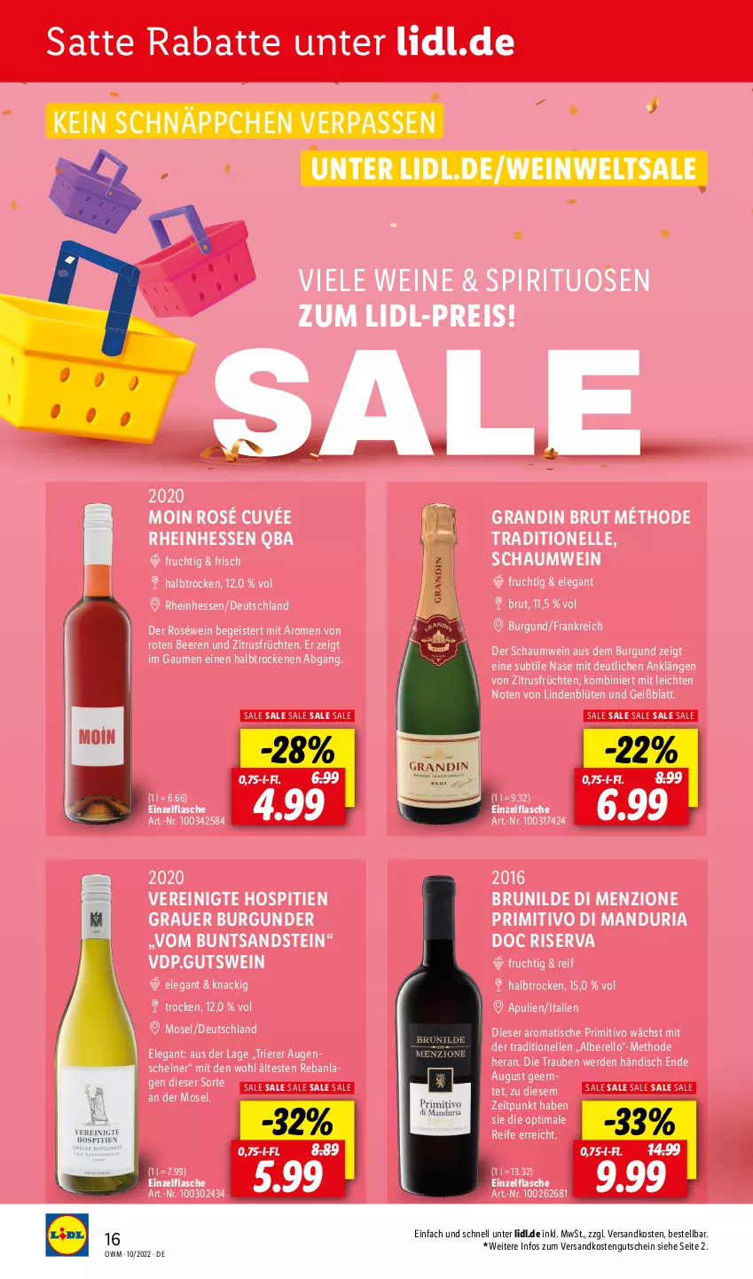 Aktueller Prospekt Lidl - Beste Weine für jeden Anlass - von 01.10 bis 31.10.2022 - strona 16 - produkty: auer, beere, beeren, Blüte, brut, burgunder, cuvée, eis, elle, erde, flasche, frucht, früchte, früchten, grauer burgunder, gutschein, ndk, primitivo, reis, rel, Ria, riserva, roséwein, schnäppchen, spirituosen, Ti, tisch, trauben, wein, weine