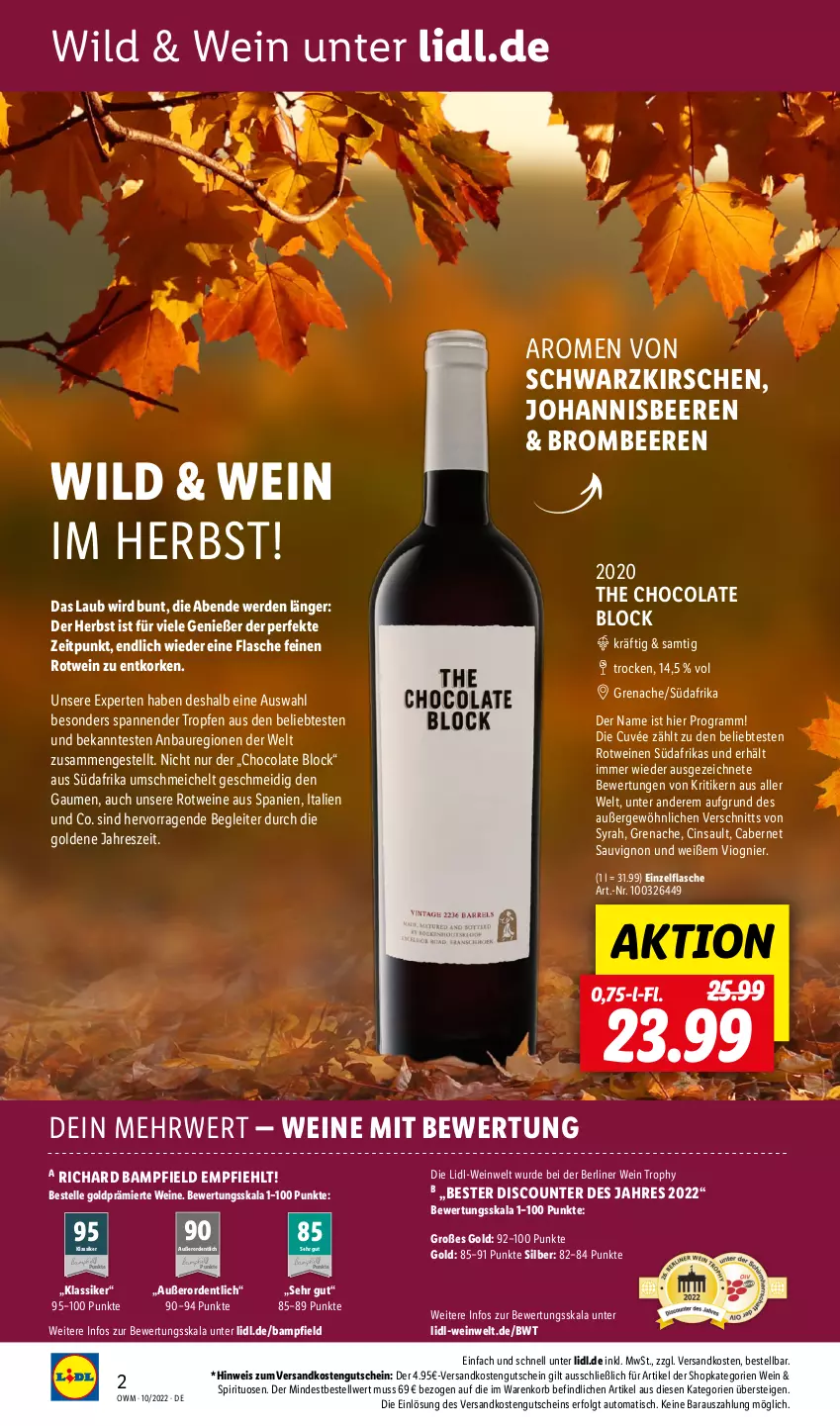 Aktueller Prospekt Lidl - Beste Weine für jeden Anlass - von 01.10 bis 31.10.2022 - strona 2 - produkty: auto, Bau, beere, beeren, berliner, brombeere, brombeeren, cabernet, cabernet sauvignon, cin, cola, cuvée, discount, eis, elle, erde, flasche, gutschein, johannisbeere, Johannisbeeren, kirsch, kirsche, kirschen, korb, LG, ndk, rotwein, rwe, sauvignon, spirituosen, Ti, tisch, wein, weine, Wild