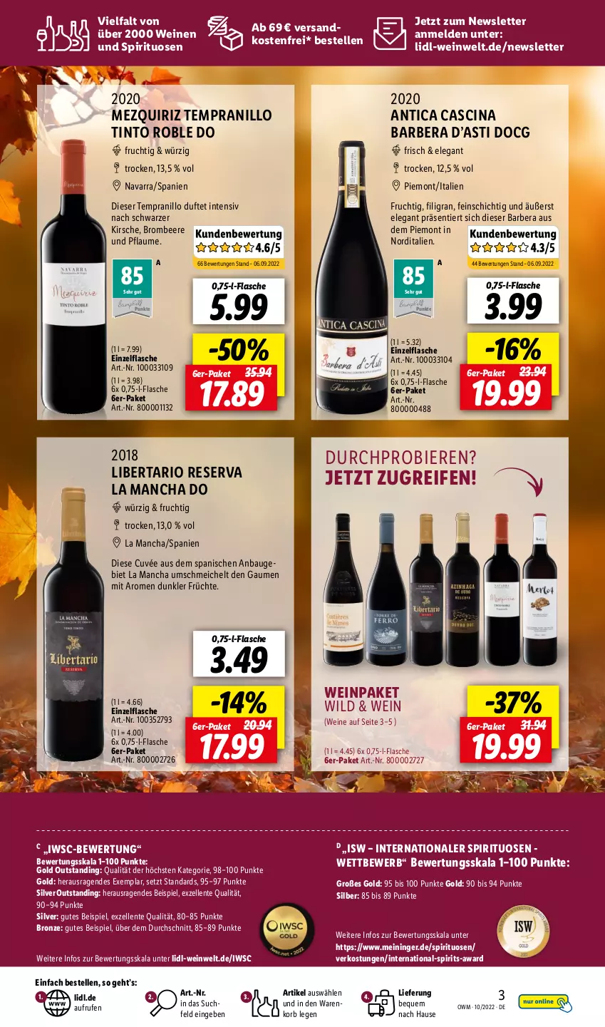 Aktueller Prospekt Lidl - Beste Weine für jeden Anlass - von 01.10 bis 31.10.2022 - strona 3 - produkty: asti, Bau, beere, bier, Biere, brombeere, cin, cuvée, eis, elle, ente, flasche, frucht, früchte, HP, kirsch, kirsche, korb, ndk, pflaume, reifen, spirituosen, tempranillo, Ti, versandkostenfrei, wein, weine, Wild